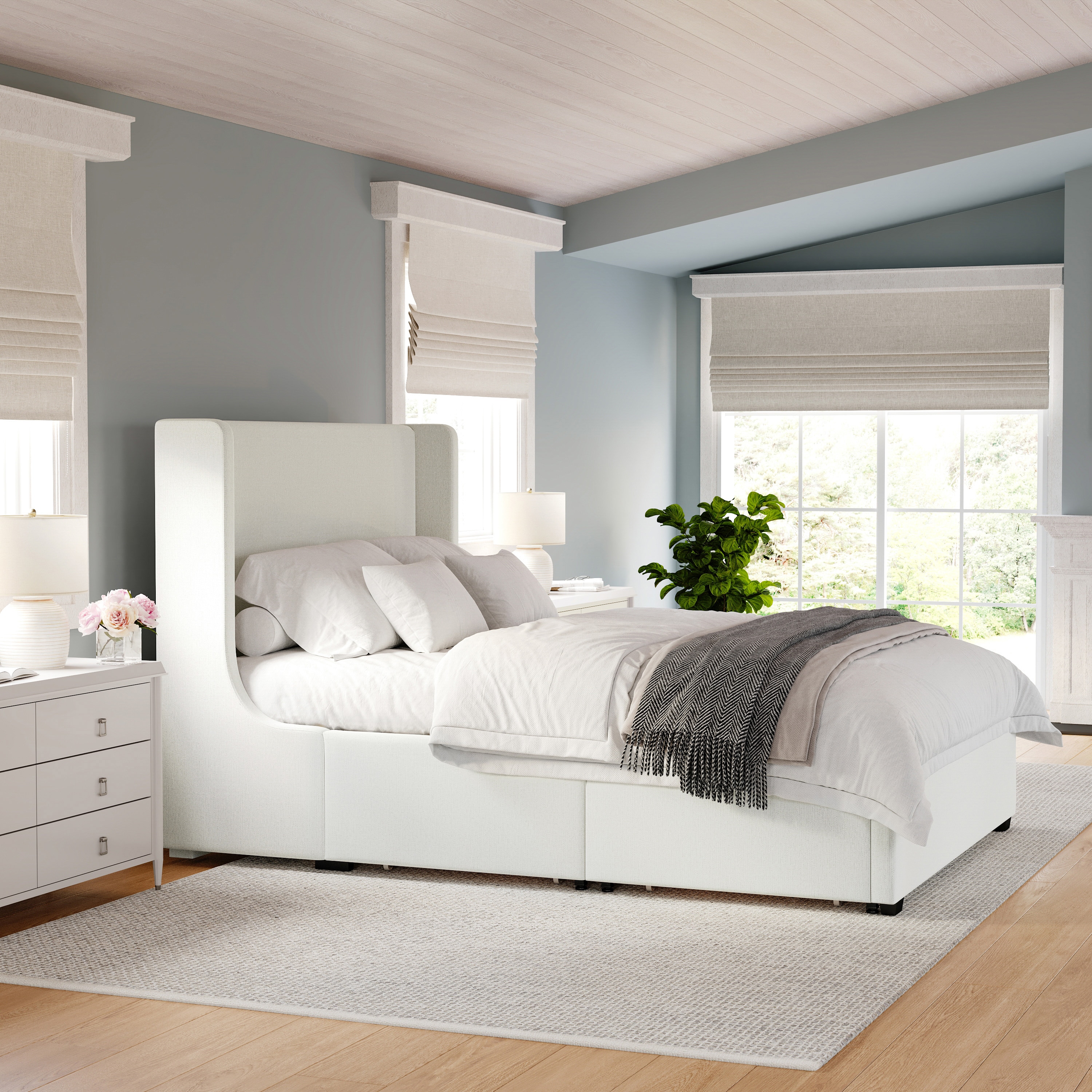 Martha Stewart - Kian Queen Upholstered Platform Bed with Wingback Headboard and 4 Side Storage D...