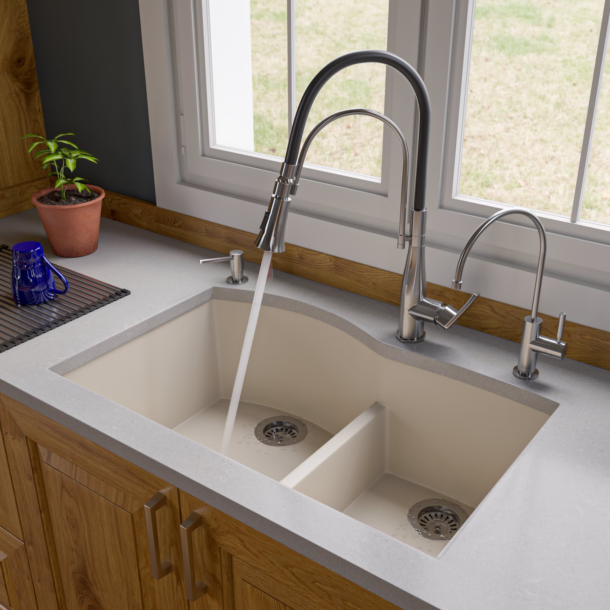 ALFI AB3320UM-B Biscuit 33-in Double Bowl Undermount Granite Composite Kitchen Sink