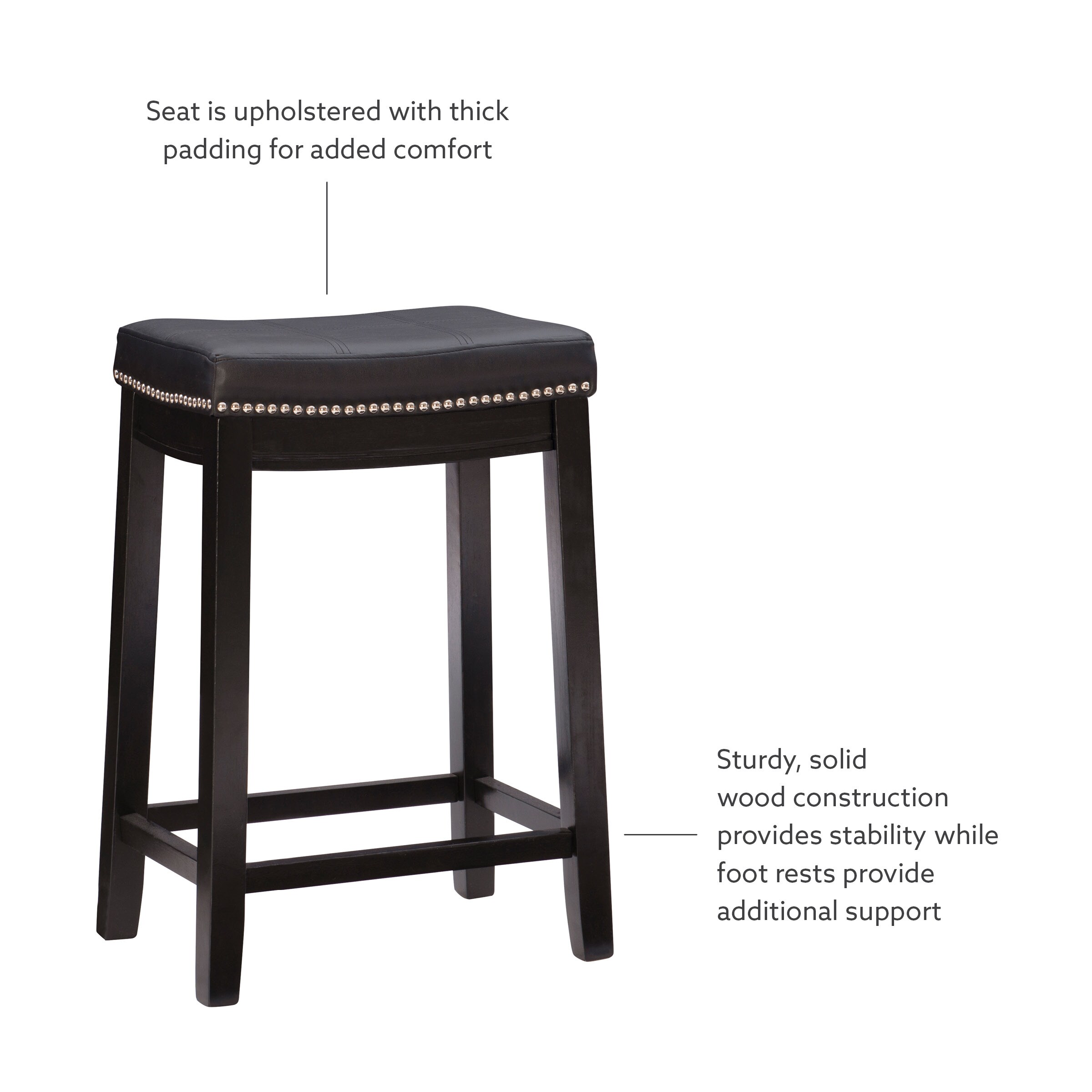 26" Black Wood and Leather Saddle-Style Backless Counter Stool