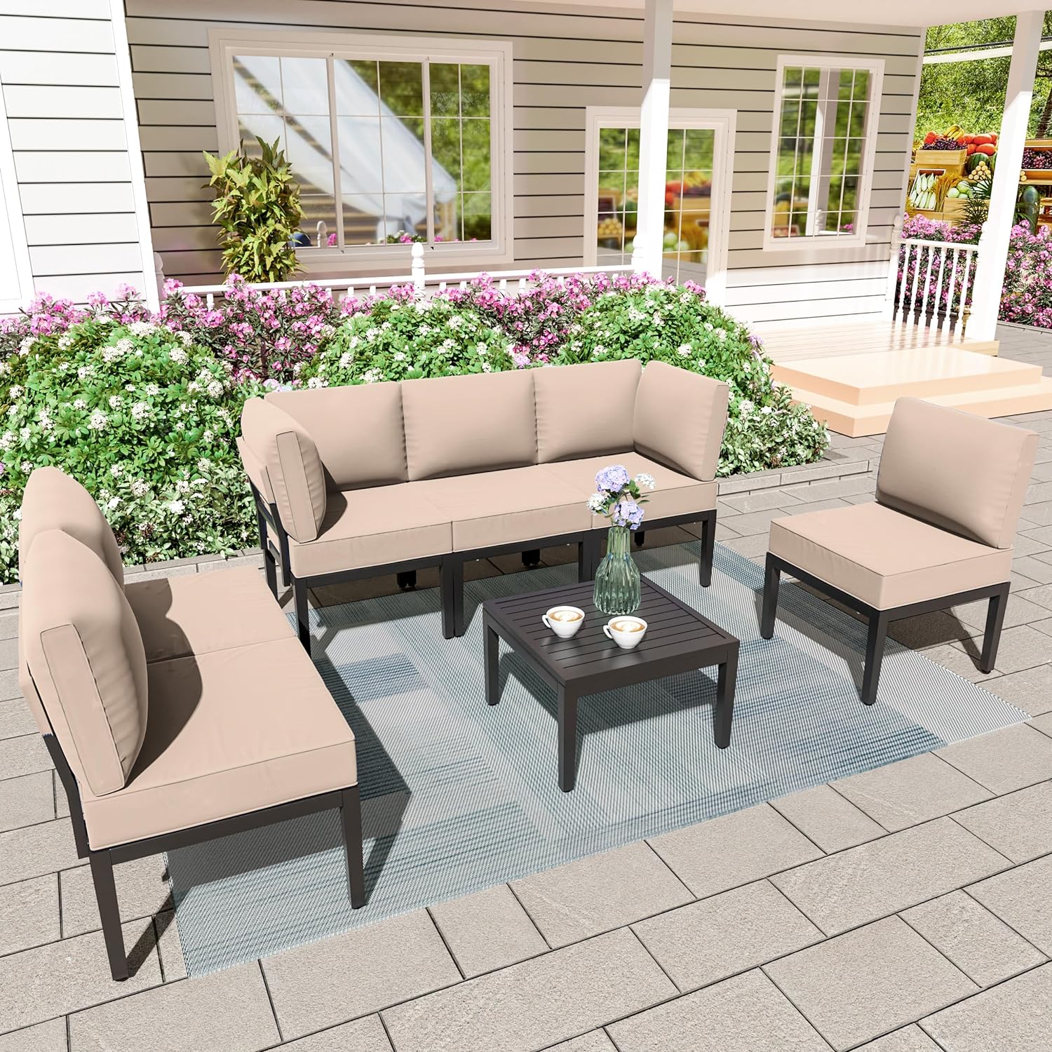 ALAULM LS-IRON7-SAND 7-Piece Patio Conversation Set with Yellow Cushions