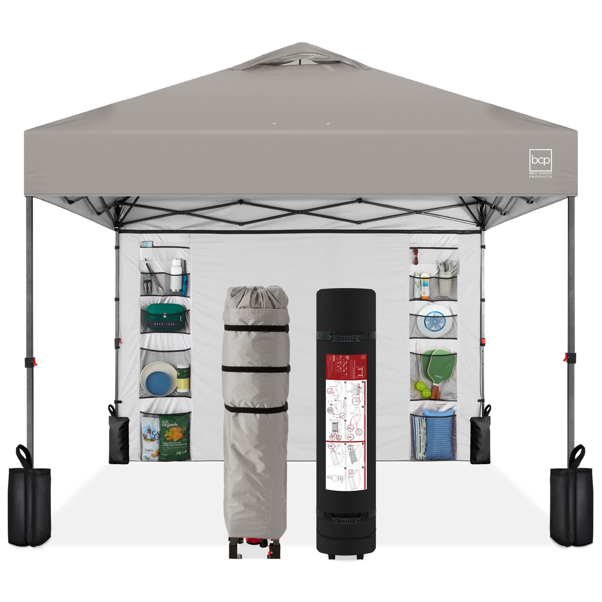Best Choice Products SKY7915 10x10ft Easy Setup Pop Up Canopy Portable Tent w/ Side Wall 1-Button Push Case - Light Gray