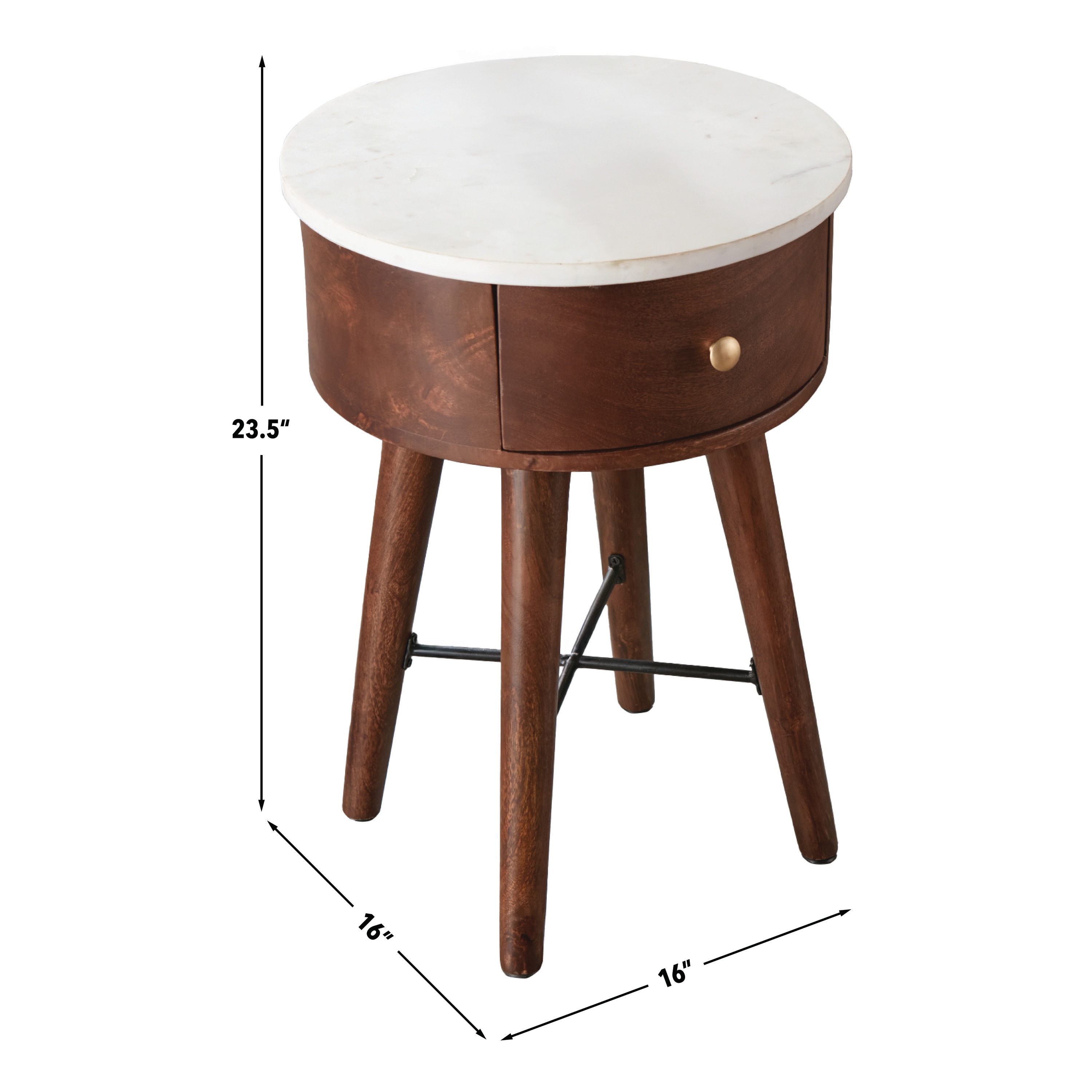 Bangalore 16" Brown Wood and White Marble Round End Table with Storage