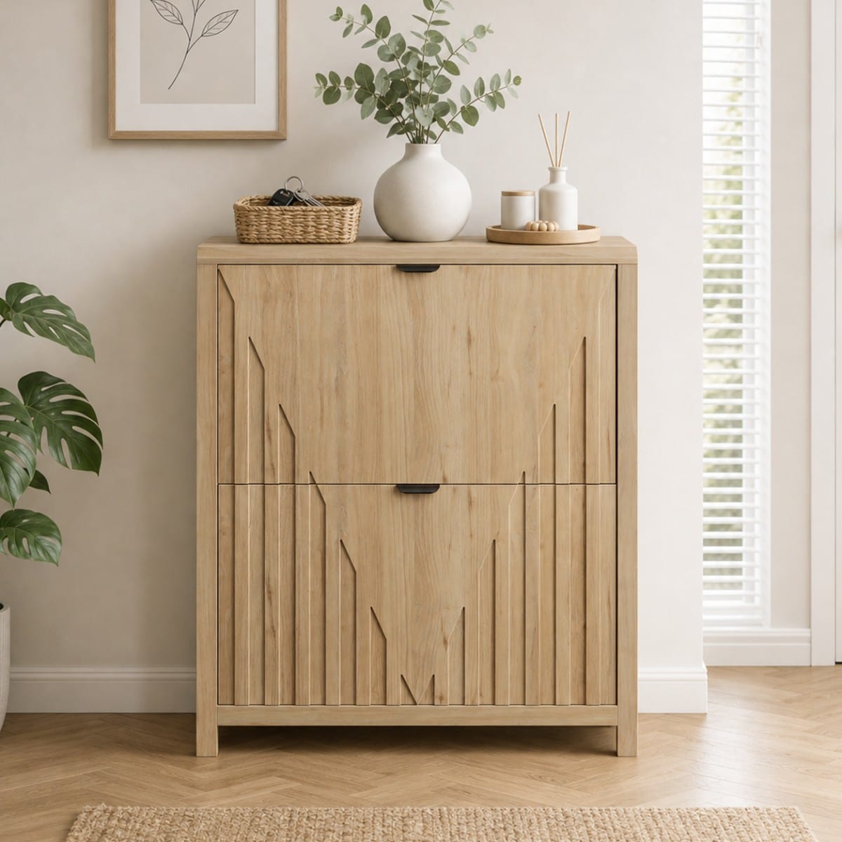 GlasFlength  31.5 Inch Shoe Storage Cabinet with Vertical Carved Panels Shoe Rack Large-Capacity Shoe Organizer with Flip down Drawers for Entryway Hallway Bedroom Beige