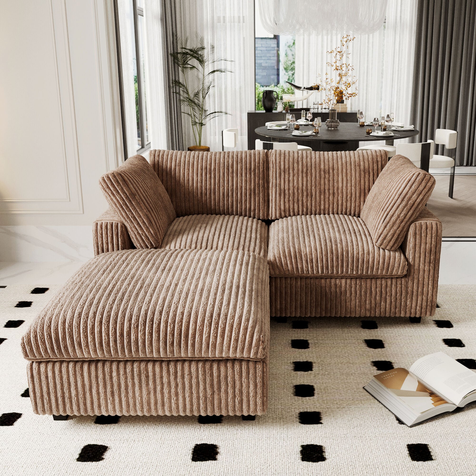 BuotiqHom DH-SF2+1-141TA 78.7-in Modern Brown (2 Seats + 1 Ottoman) Velvet 2 -seater Sectional