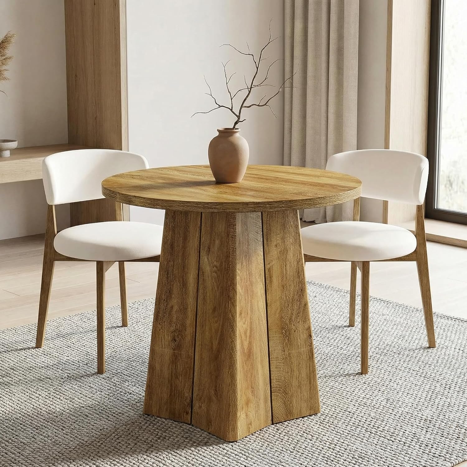 Tribesigns Brown Farmhouse Round Dining Table 31.5 L x 29.5 H with Heavy Duty Pedestal Base