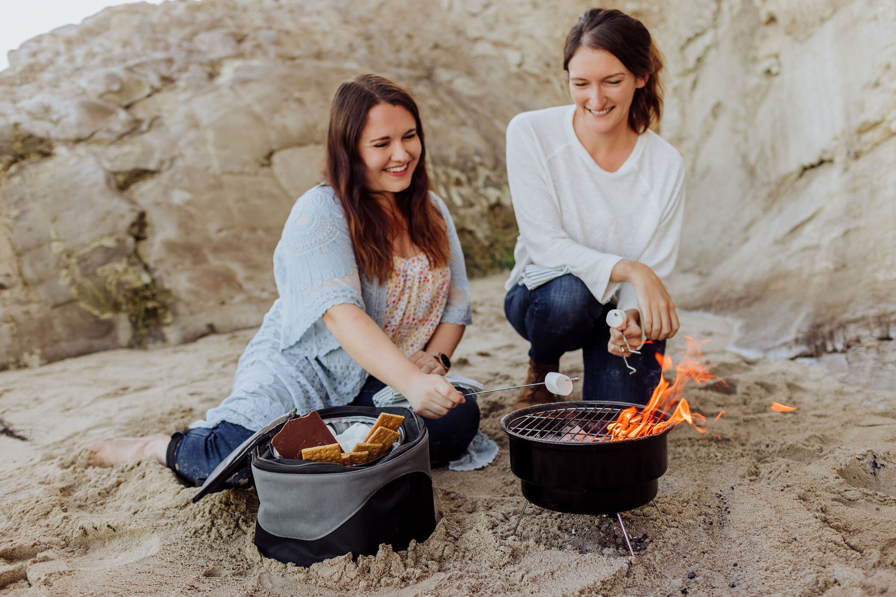 Black Chrome Portable Charcoal Grill with Cooler Tote