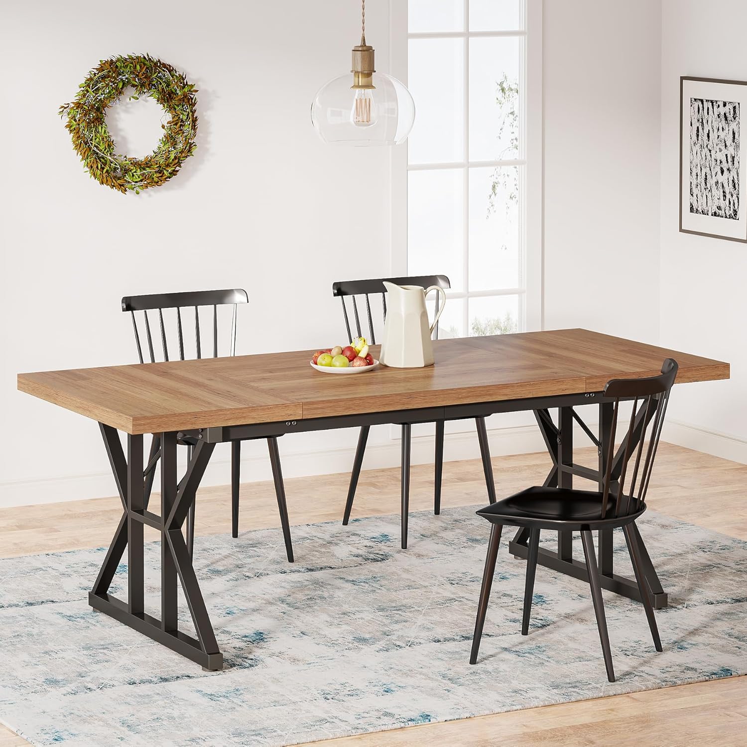 Tribesigns - Light Brown Farmhouse Rectangular Dining Table 70.9 L x 29.5 H with Heavy Duty Metal...