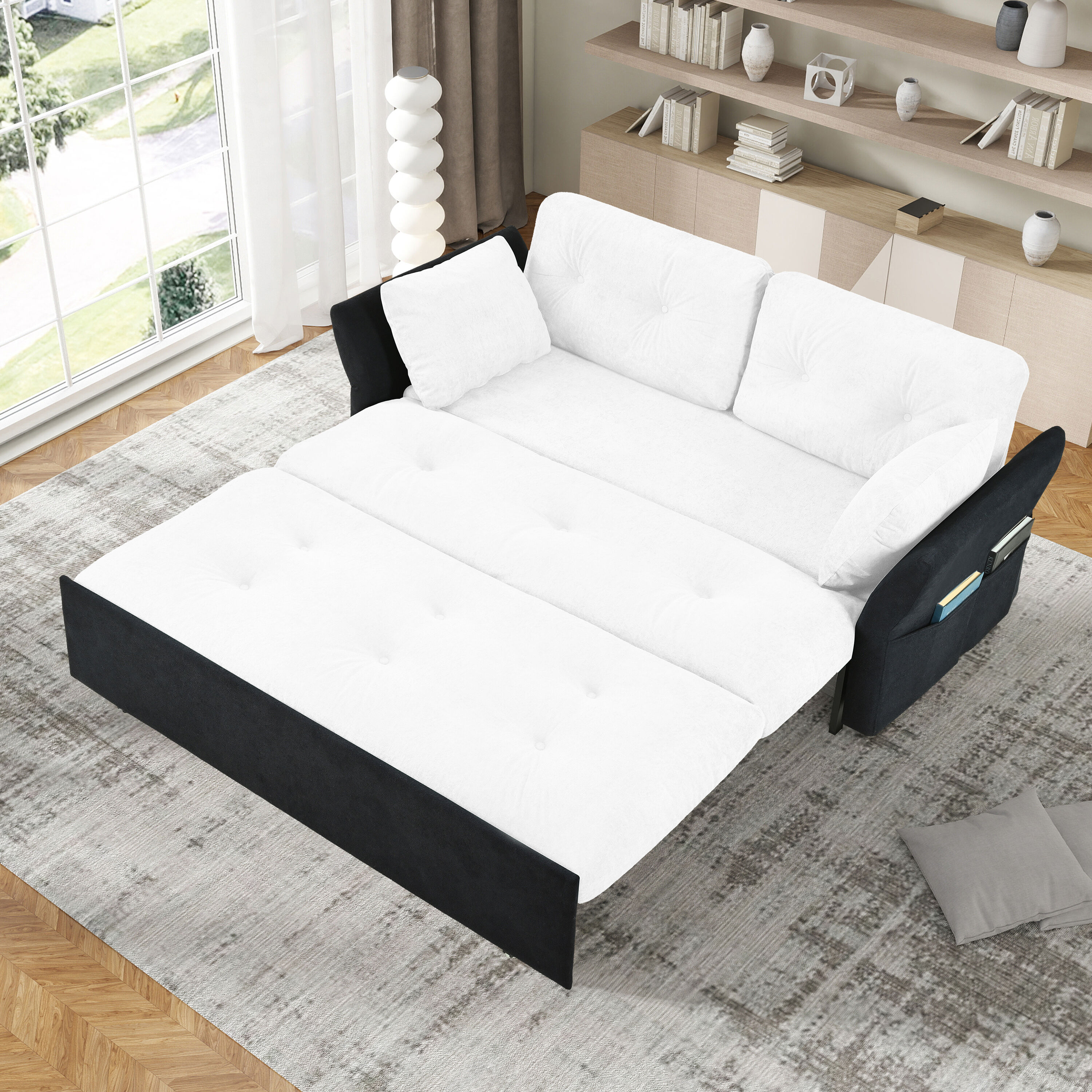 GDFStudio 340581 Convertible Pull Out Sofa Bed Queen Size 3-in-1 Convertible Sleeper Couch with Thicked Cushions and Side StorageMulti-Functional chenille Loveseat Sofa for Living RoomBedroomApartmentOfficeWhite