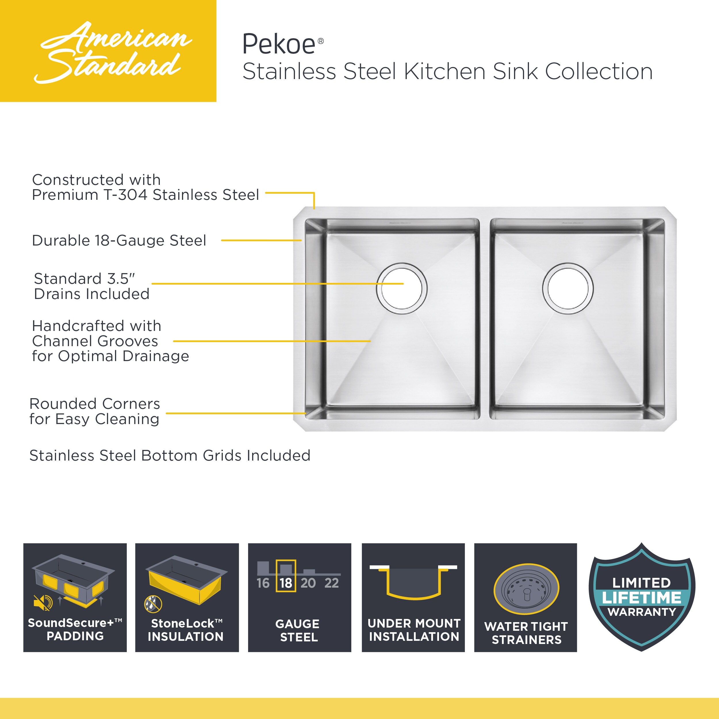 Pekoe® 35 x 18-Inch Stainless Steel Undermount Double-Bowl Kitchen Sink