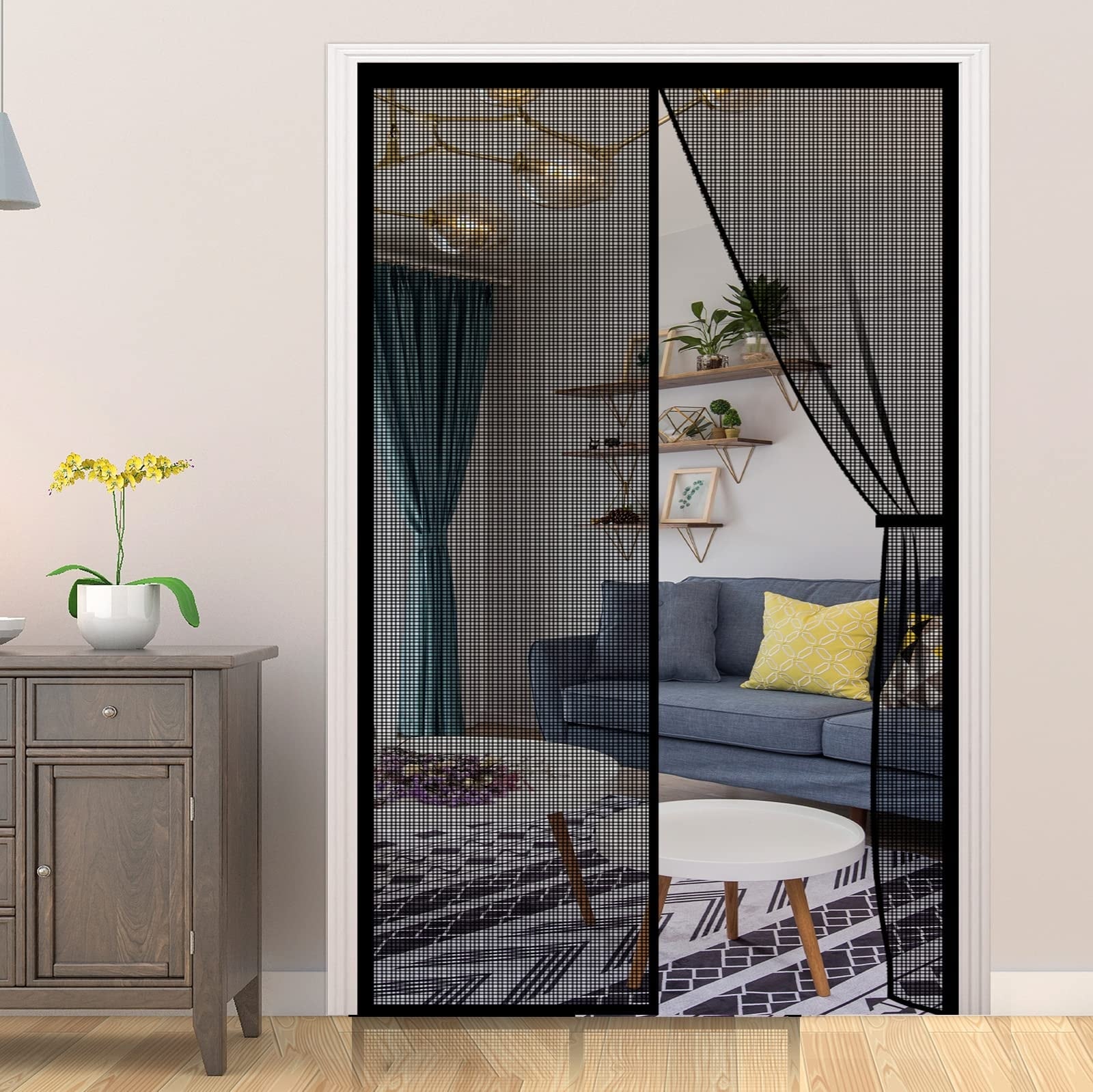 Phyfalip  Magnetic Door Curtain 1 Piece Reinforced Fiberglass Mesh Fits Doors Up to 60 x 80 Inches Hands Free Automatic Close Black