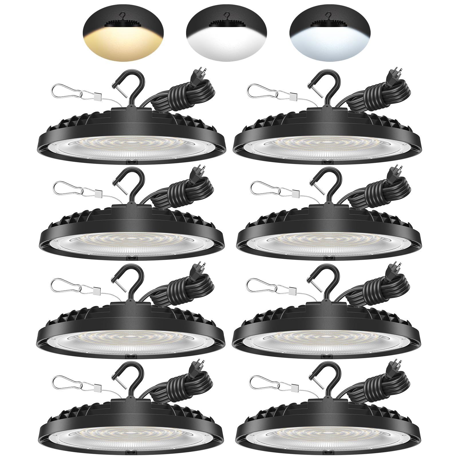 Oyezvary  UFO LED High Bay Light 200W Adjustable Wattage 200W 150W 100W 3 Color Temperatures 6500K 5000K 3500K 28000LM Plug and Play AC100 277V 8 Pack
