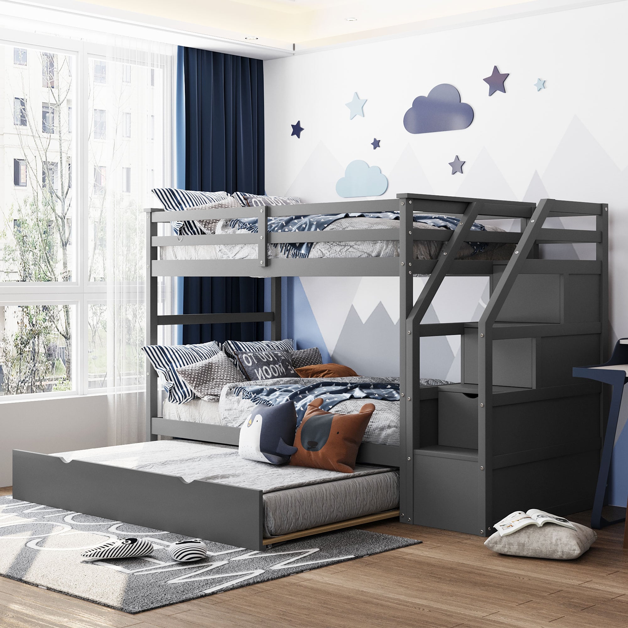 ModernLuxe LT000064AAE TwinOverTwin Bunk Bed with Twin Size Trundle and 3 Storage StairsGray