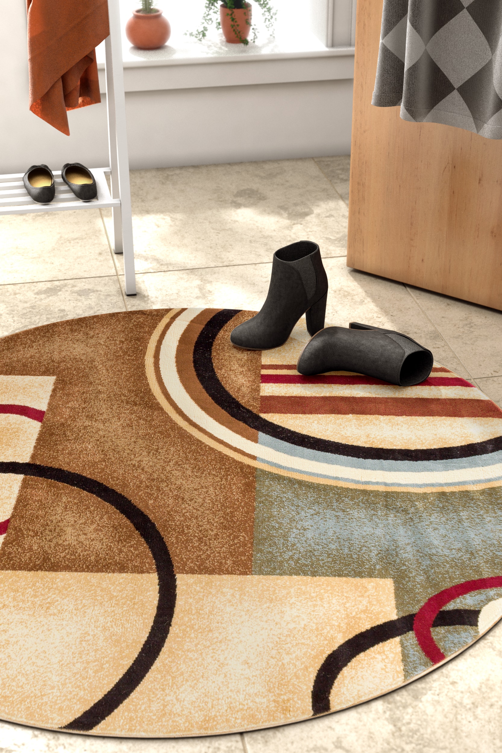 Well Woven 547820 5 x 5 (ft) Loomed Polypropylene Ivory Round Indoor Abstract Mid-Century Modern Area rug