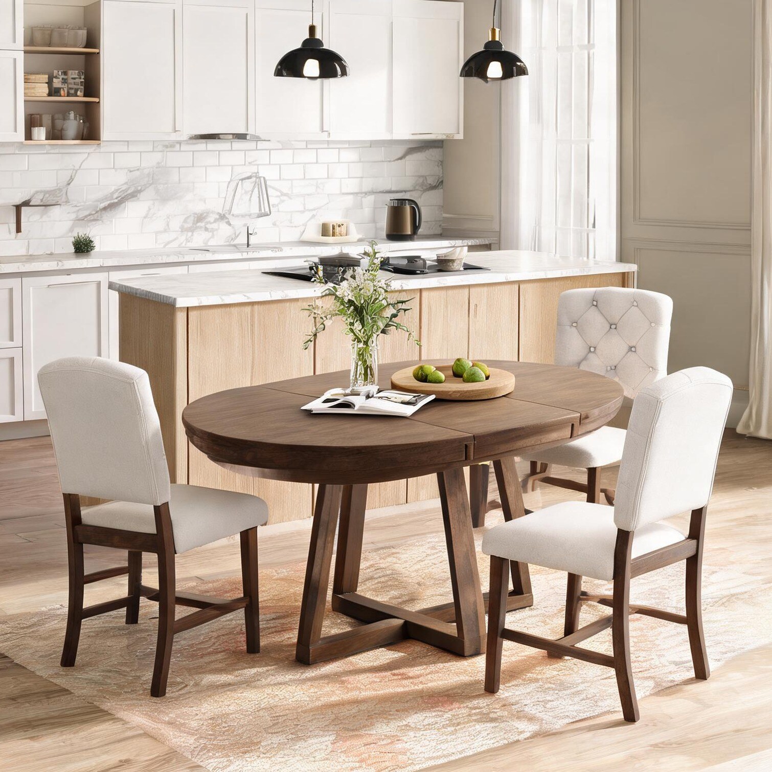 SunJet - Solid Wood Round Dining Set with Removable Leaf and Upholstered Chairs Rich Brown Seats 4