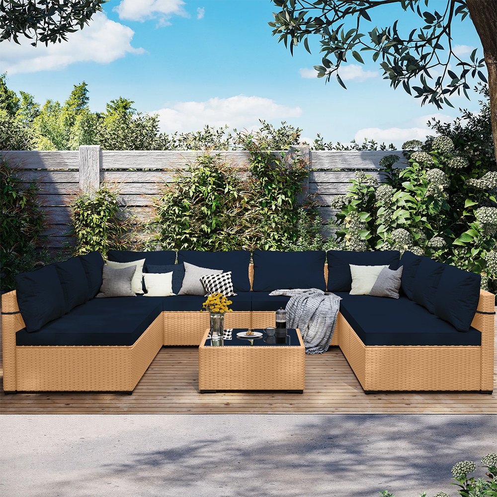 UPHA TBDK-9-SHENHUI 9 -Piece Wicker Patio Conversation Set with Navy Cushions
