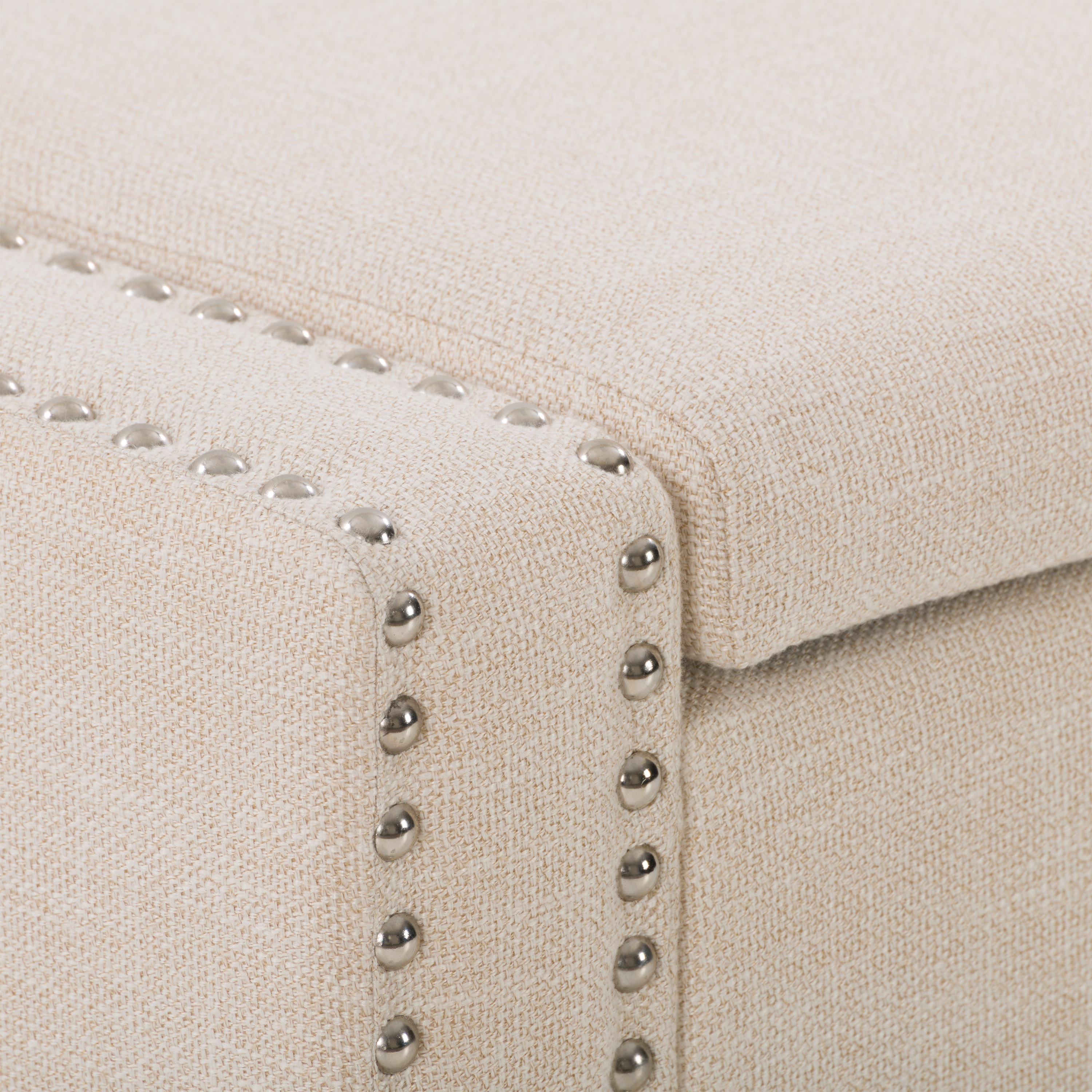 Luna Beige Fabric Storage Ottoman with Nailhead Trim