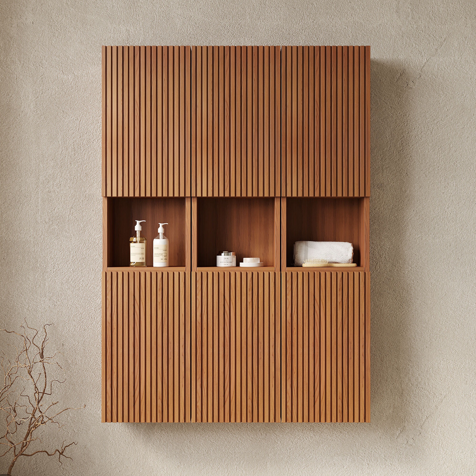 GDFStudio Mitch 41 in. 3-Piece Minimalist Modular 59 in. Tall Wall Mounted Bathroom Storage Cabinet with Six Soft-Close Door Units - Brown Oak