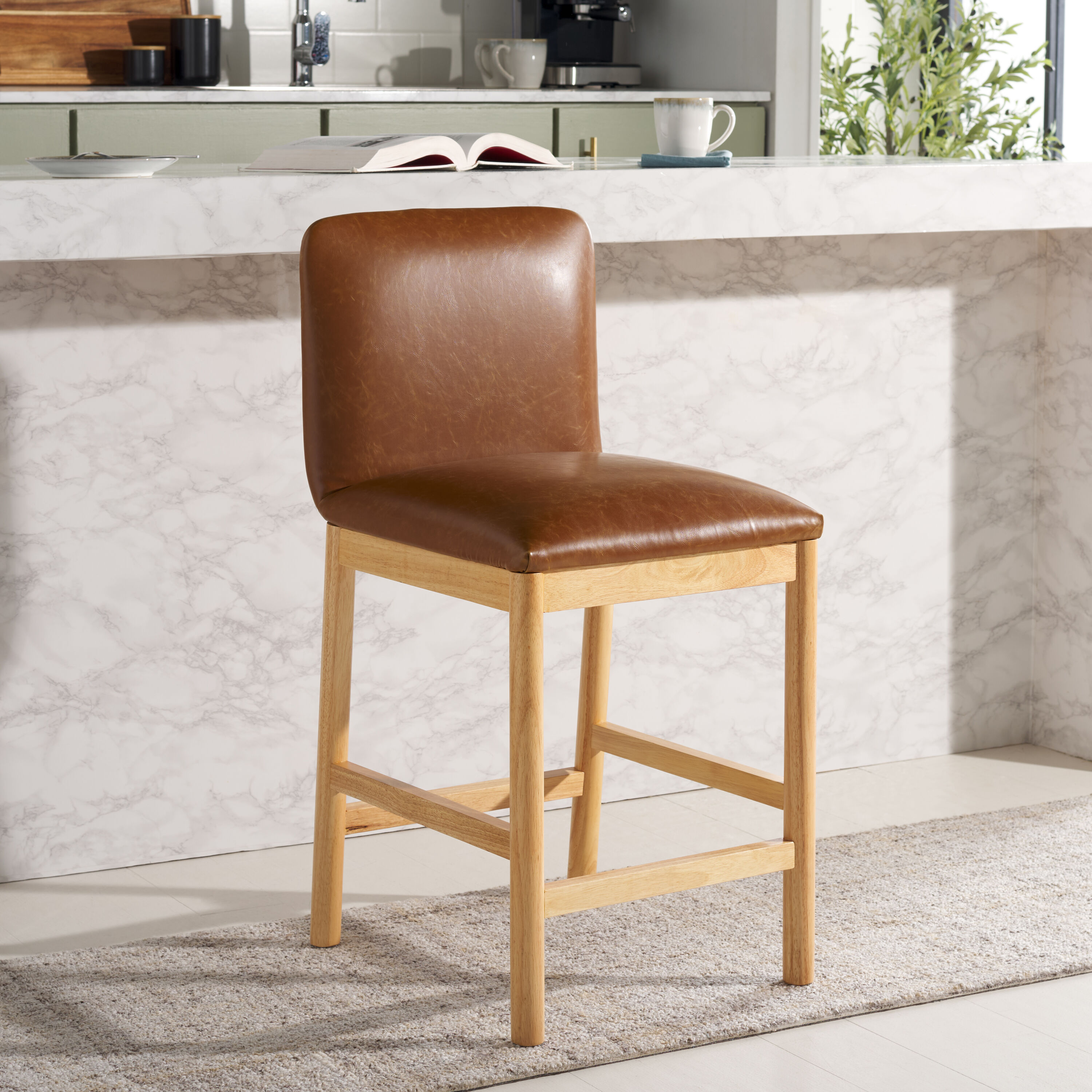 Safavieh Cognac/Natural 26.2-in H Tall Upholstered Wood Bar Stool