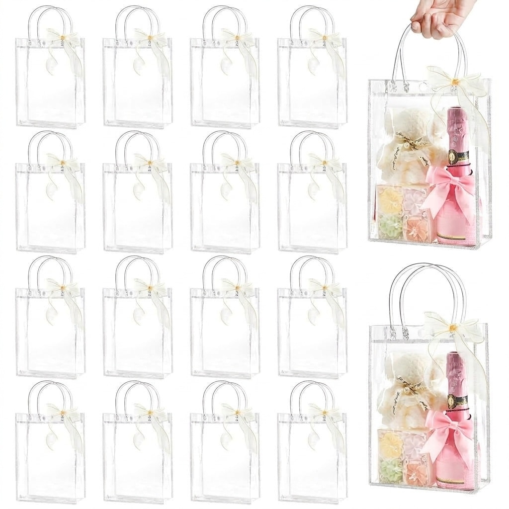 Afoxsos 24 pcs clear plastic gift bags with handles reusable party favor bags with ribbon transparent gift wrap bulk for weddings birthdays #Q05AF12026