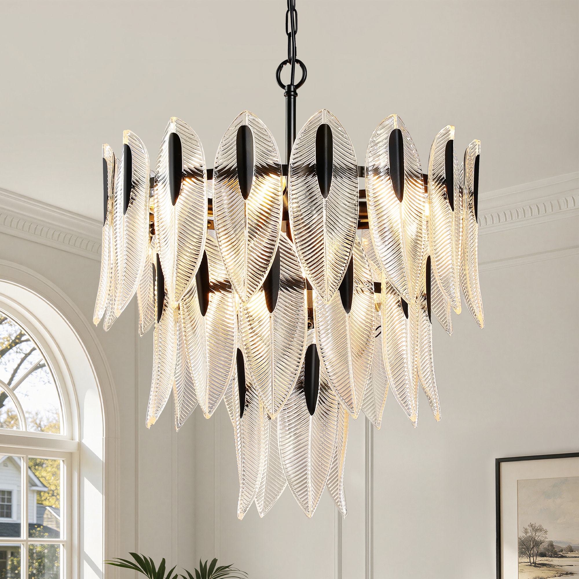 HAHZT 22 Inch 10 Light Matte Black Modern Tiered Clear Glass Leaf Chandelier with Adjustable Chain for Dining Room and Foyer