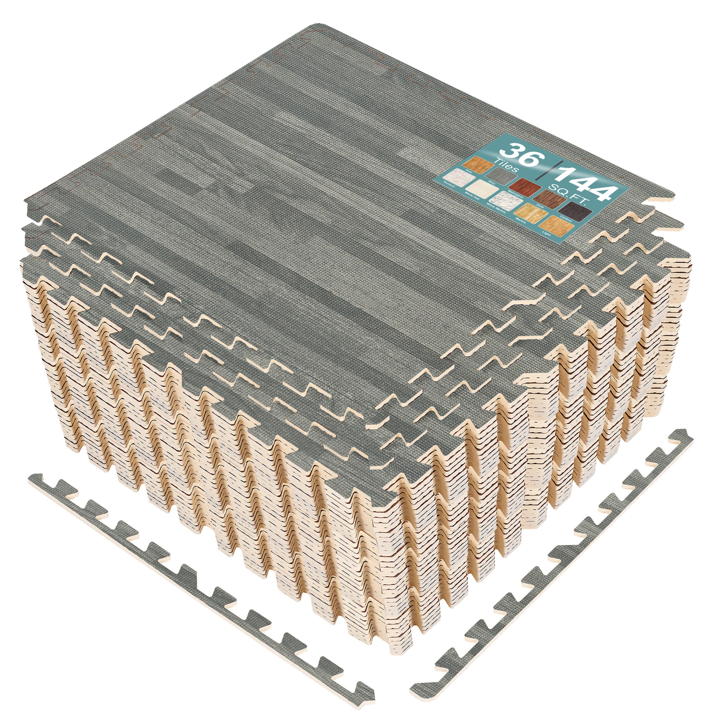 SORBUS 144 Sq Ft Interlocking EVA Foam Wood Grain Floor Tiles with Borders #MAT-WOODGRY36