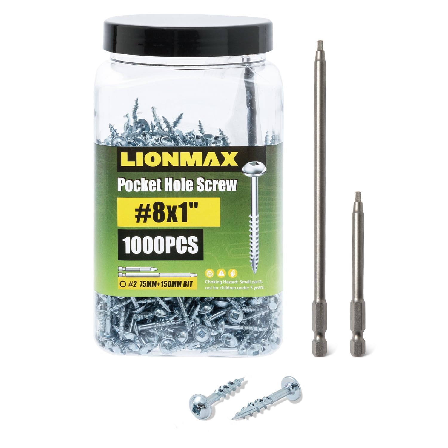 LIONMAX  Pocket Hole Screws 8 x 1 Inch 1000 PCS Galvanized Pocket Screws Coarse Thread Rust Resistant Square Drive Washer Head Zinc Plated Self Tapping 150MM and 75MM Drive Bit Included