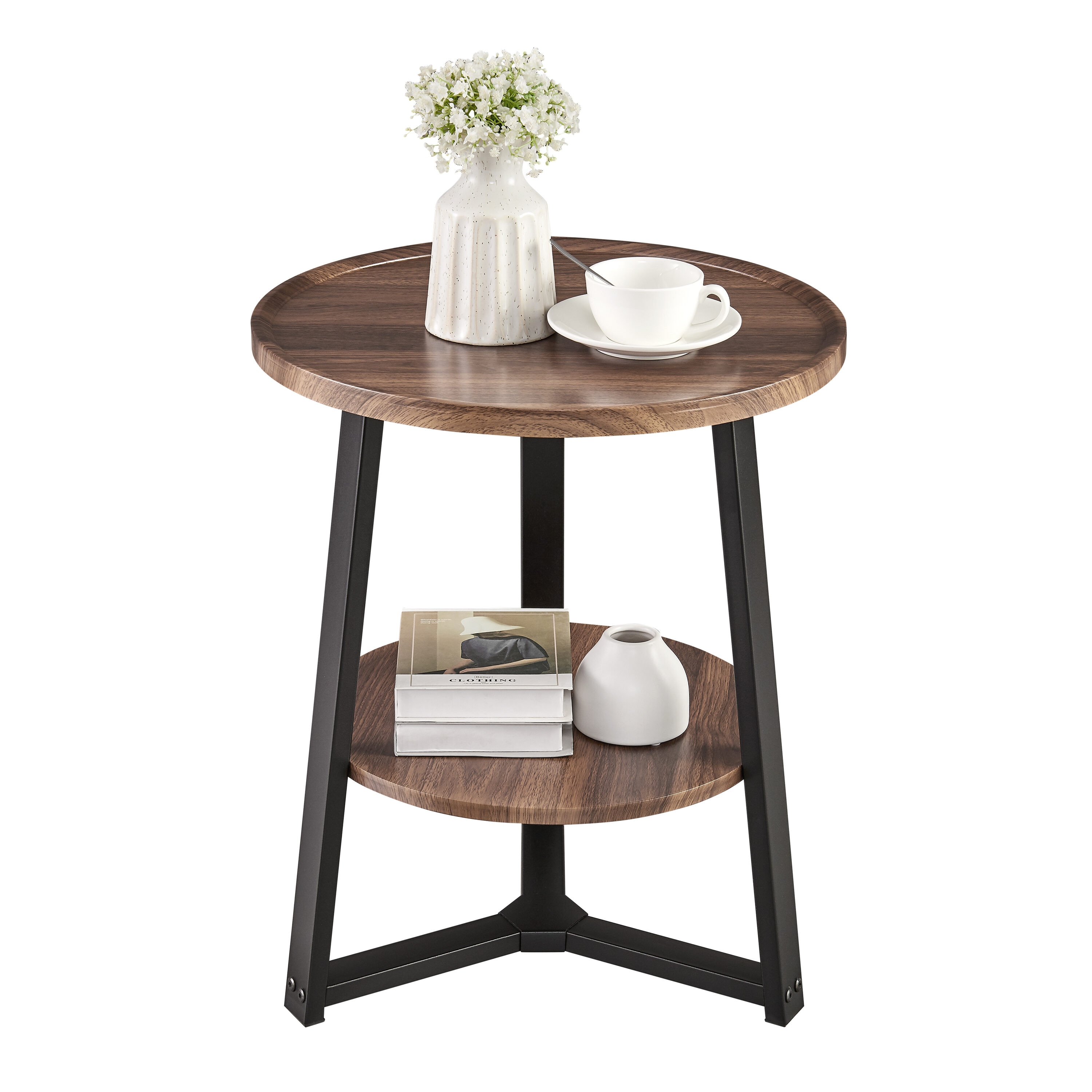Walnut and Black Round Two-Tier Accent Table with Metal Legs