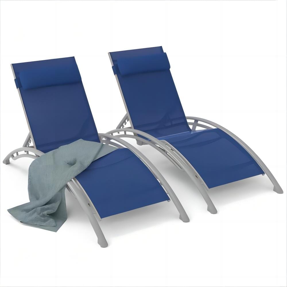 Clihome CL-DOL83NY Outdoor Chaise Lounge Set of 2 Set of 2 Woven Stackable Gray Aluminum Frame Stationary Chaise Lounge Chair with Blue Woven Seat