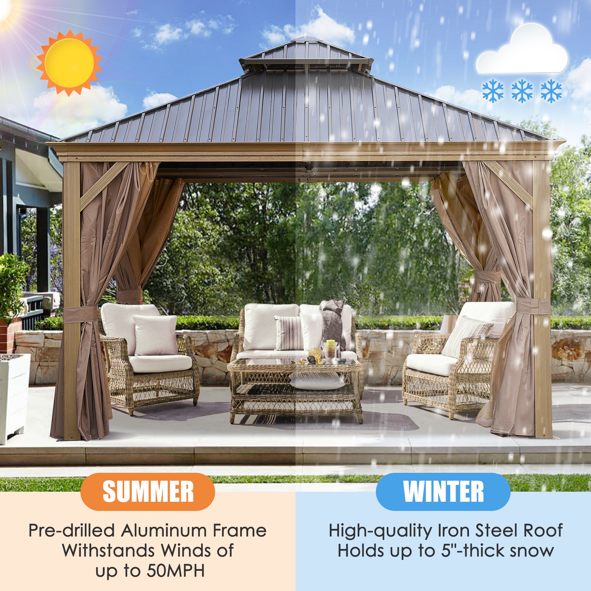 Forclover 12-ft x 12-ft Gazebo Square Bronze Metal Steel Roof Gazebo ...