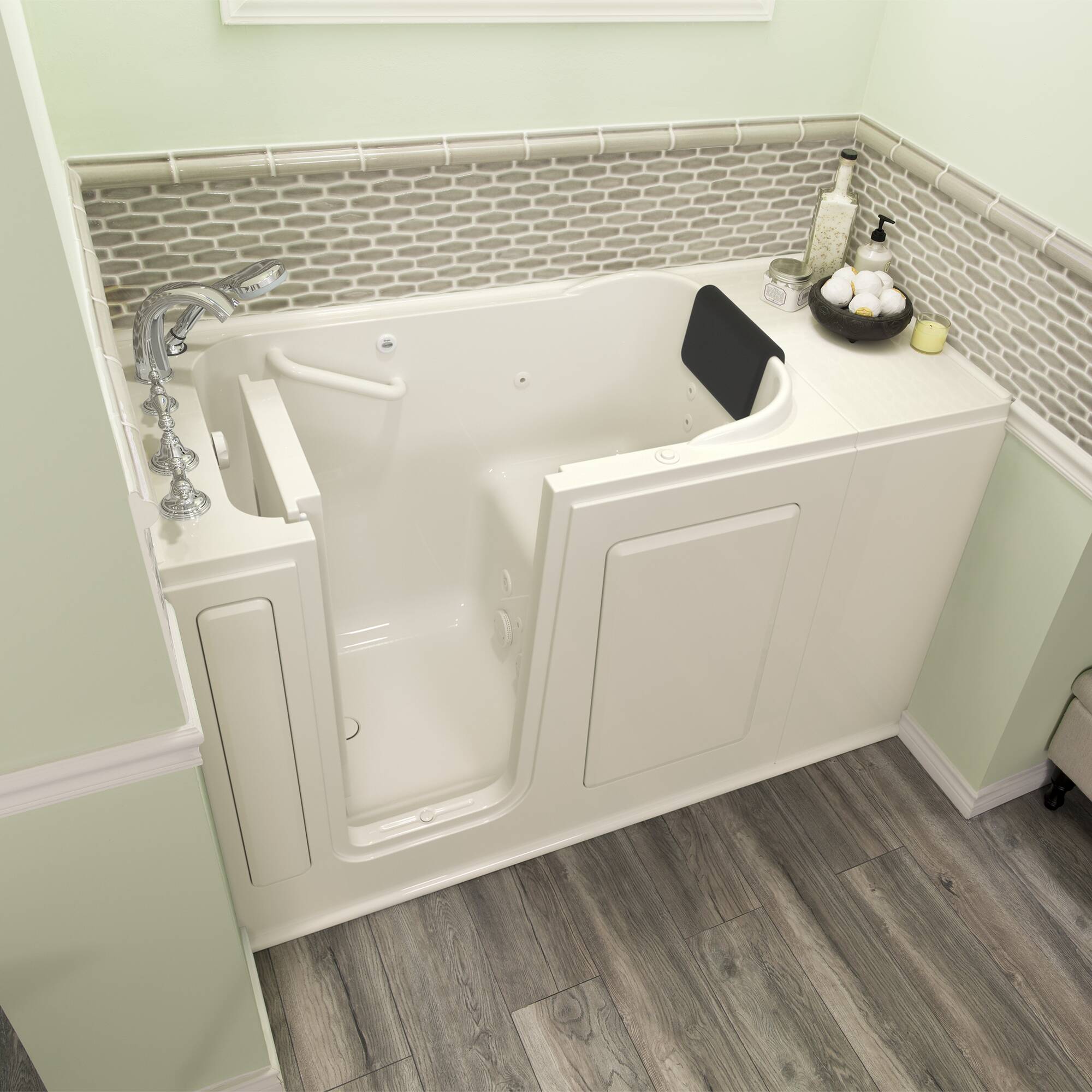 American Standard 2848.109.WLL 28.0-Inches x 48.0-Inches Linen Gel-coated fiberglass Rectangular Walk-in Whirlpool tub with Faucet Hand Shower Drain ( Left Drain )