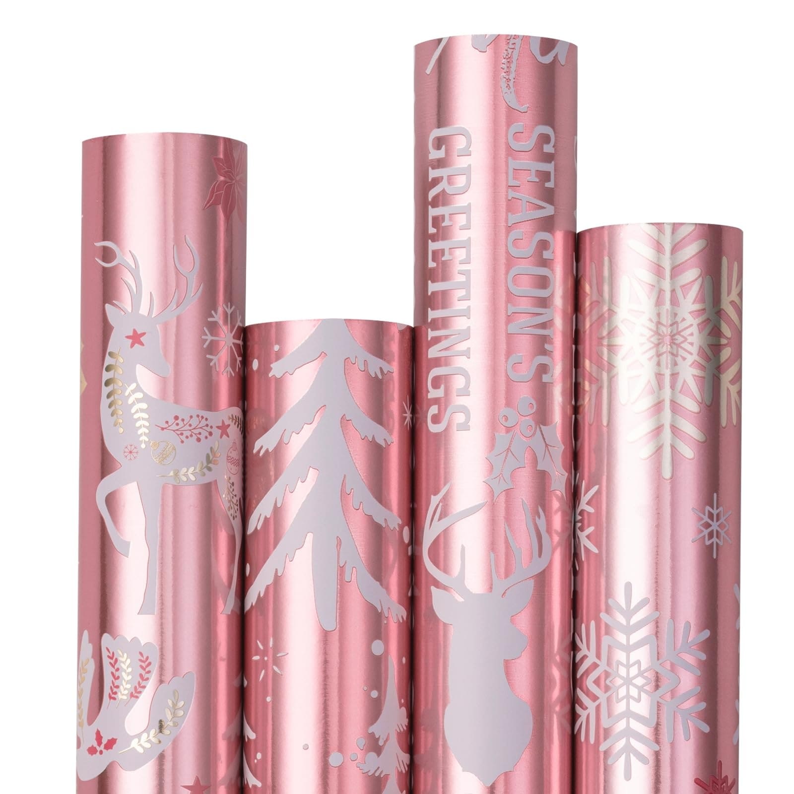 Etokfoks pink Christmas wrapping paper set with four jumbo rolls 30 in x 10 ft each featuring reindeer bear snowflake tree and rose gold #LET6K7P62
