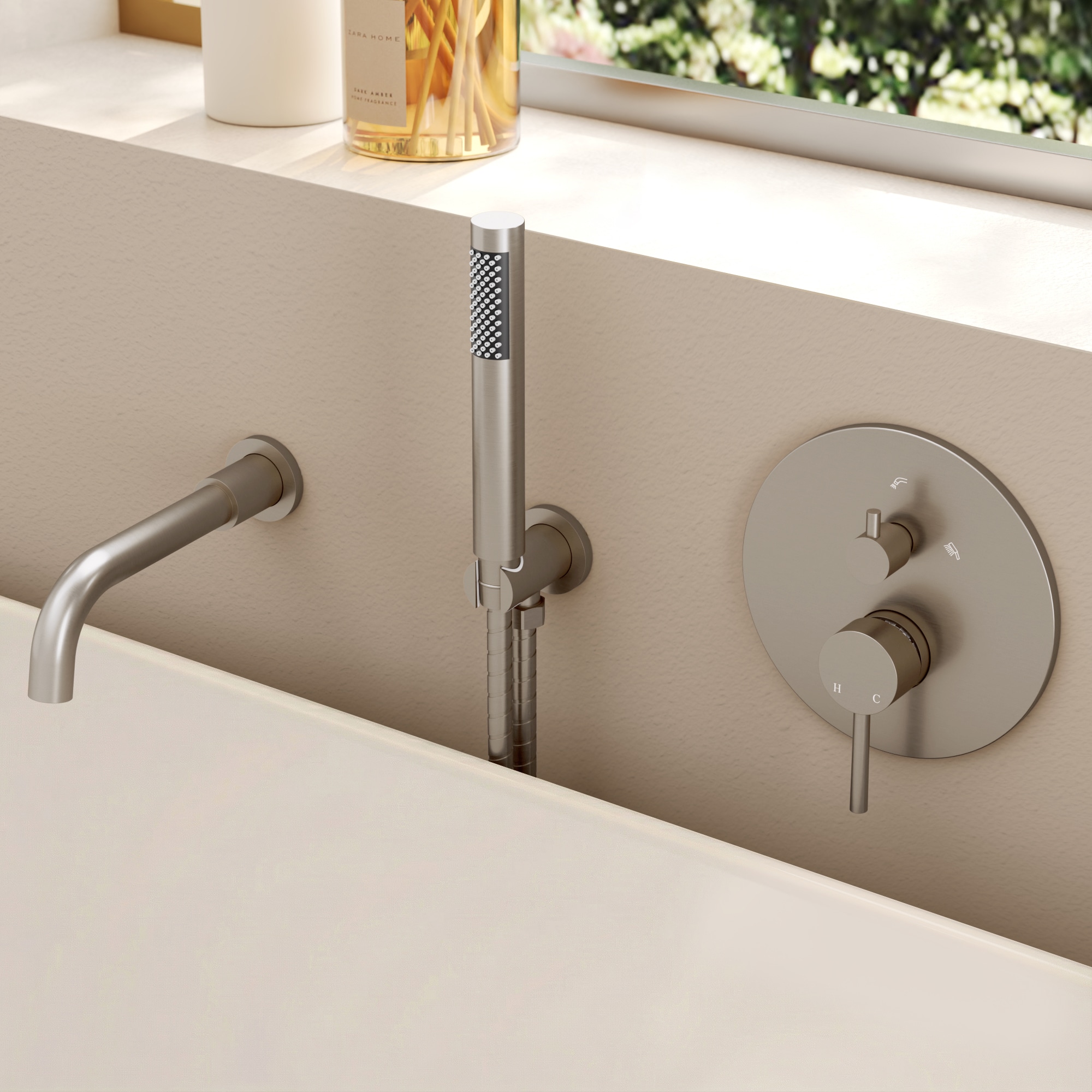 YAWWALK 1 Handle Wall Mount Bathtub Faucet with Pressure Balance Valve and 60 Inch Hand Shower for Safer Temperature Control in Brushed Nickel