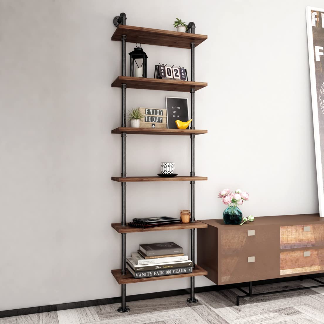 SenQWFa -  Industrial Pipe Bookshelves Rustic Wall Ladder Bookshelf Display Storage Stand Shelf B...