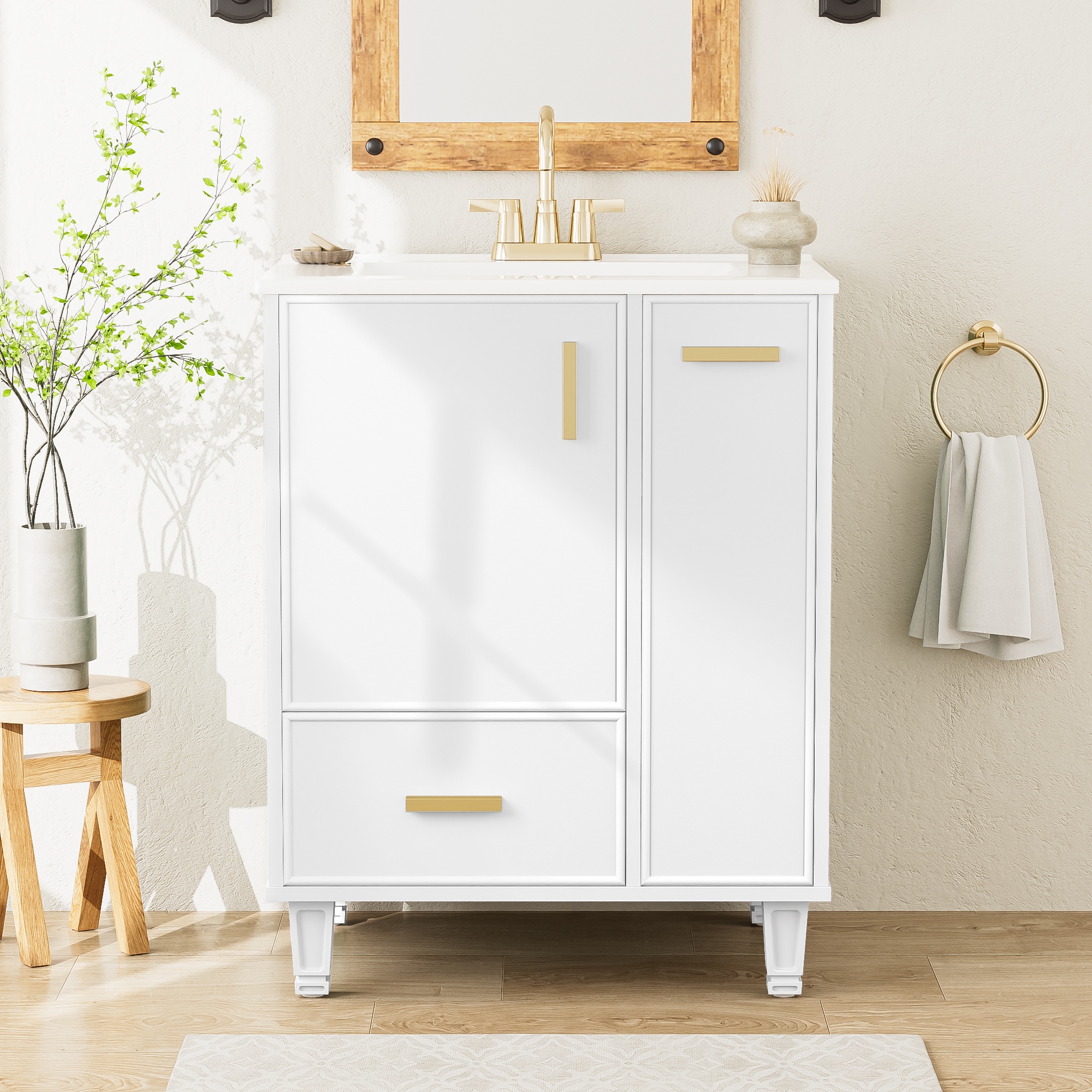 PexFix 24-in W White Bathroom Vanity with Sink Bathroom Cabinet with Door Shelf Deep Drawer 2-Tier Pull-Out Basket