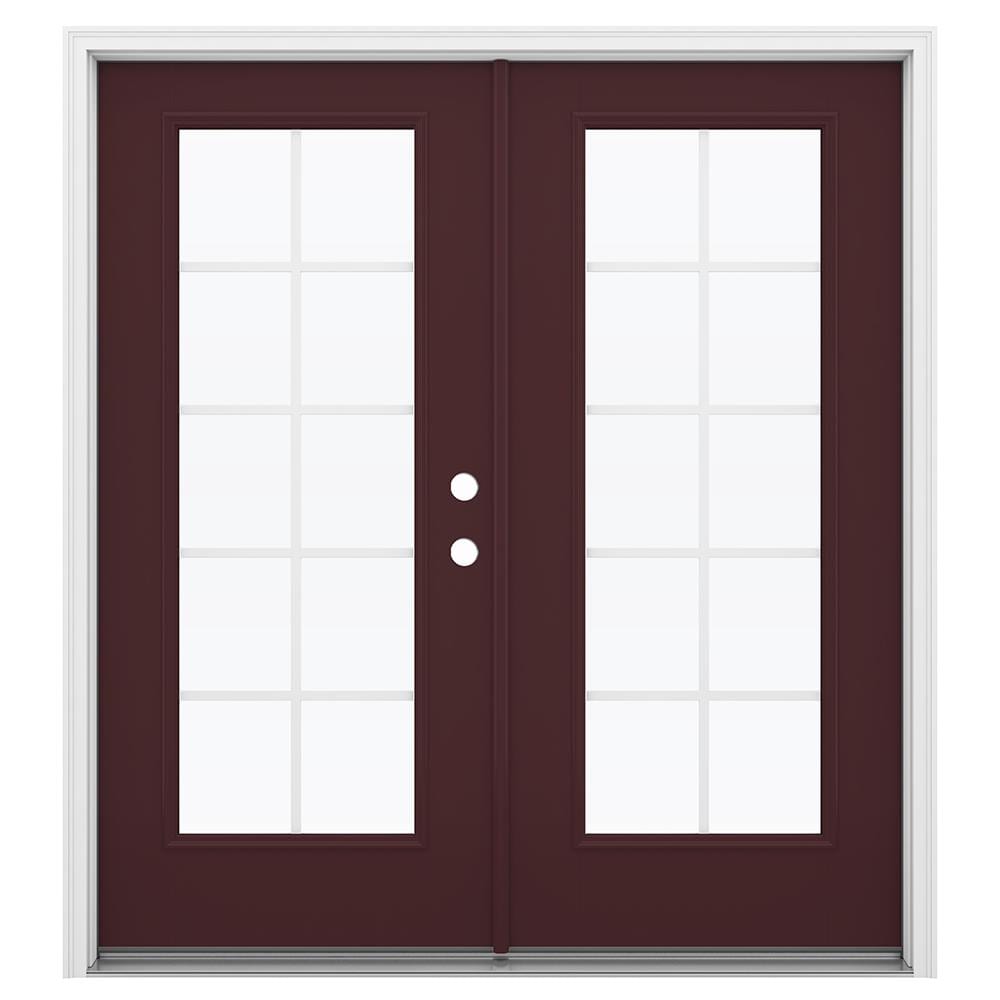 JELD-WEN LOWOLJW182300157 F-3500 72-in x 80-in x 4-9/16-in Jamb Low-E Grilles between the glass , Currant Fiberglass Left-hand inswing French Double Patio Door Brickmould Included