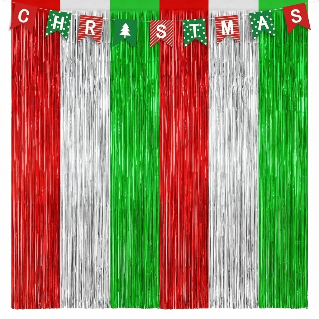 Phyfalip 2 pack Christmas backdrop 3 28 FT x 7 05 FT red silver green metallic fringe curtain tinsel wall decor for holiday party photo booth #L05PF07067
