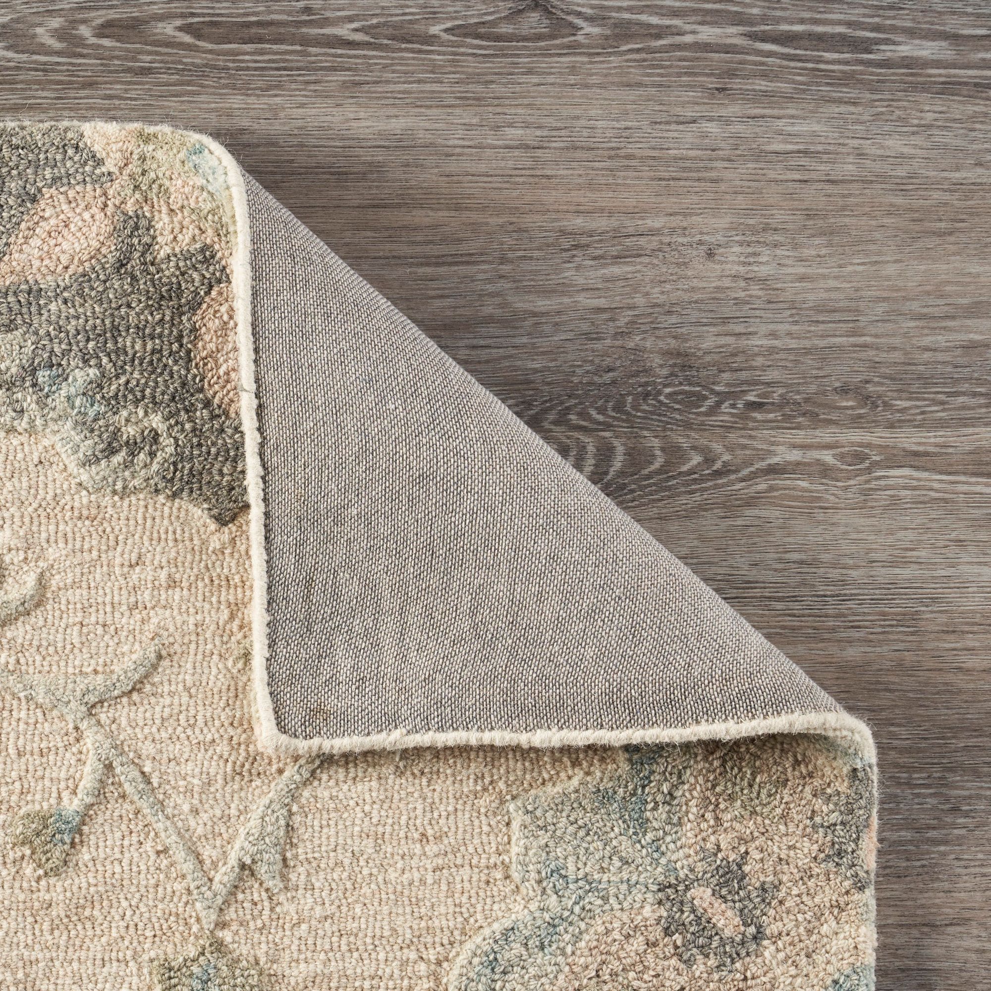 Ivory and Light Blue Round Floral Wool Area Rug