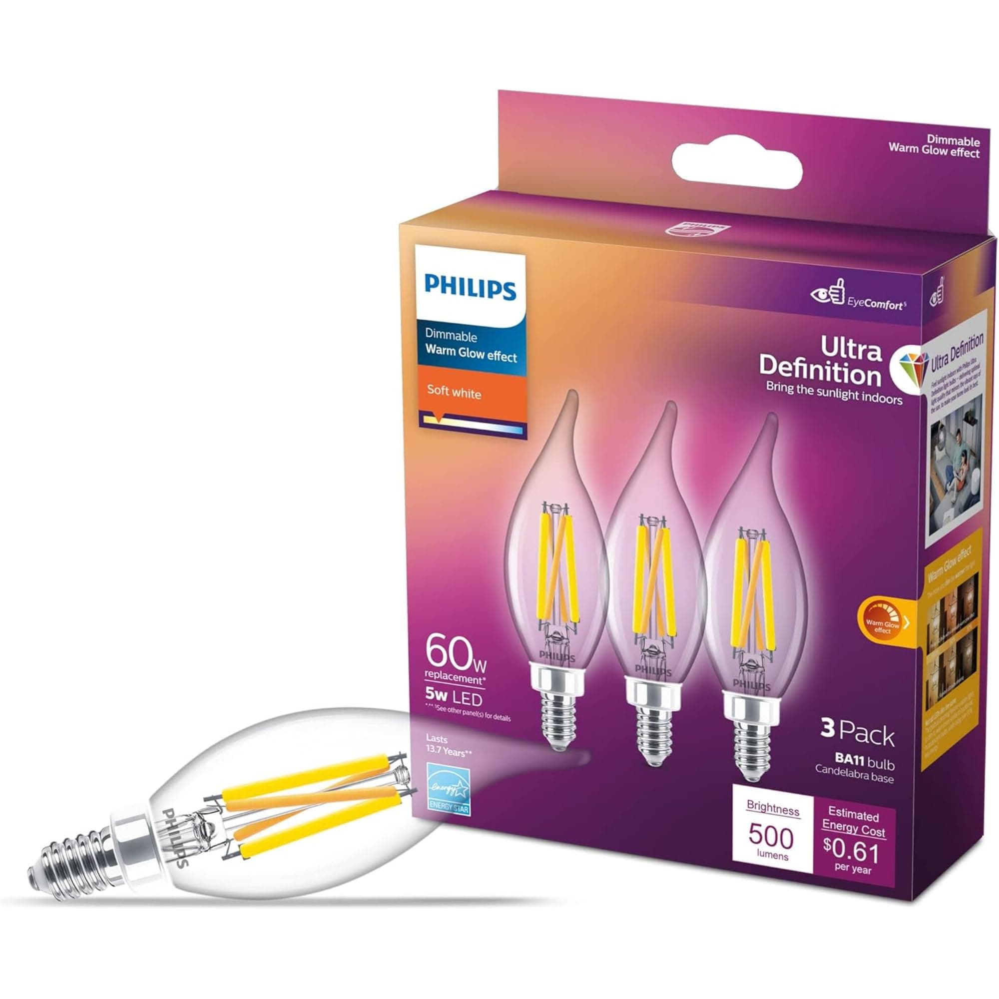 Philips EJD3013930 LED Candelabra Bulbs 3-Pack - 40W Equivalent Soft White Dimmable (2700K)