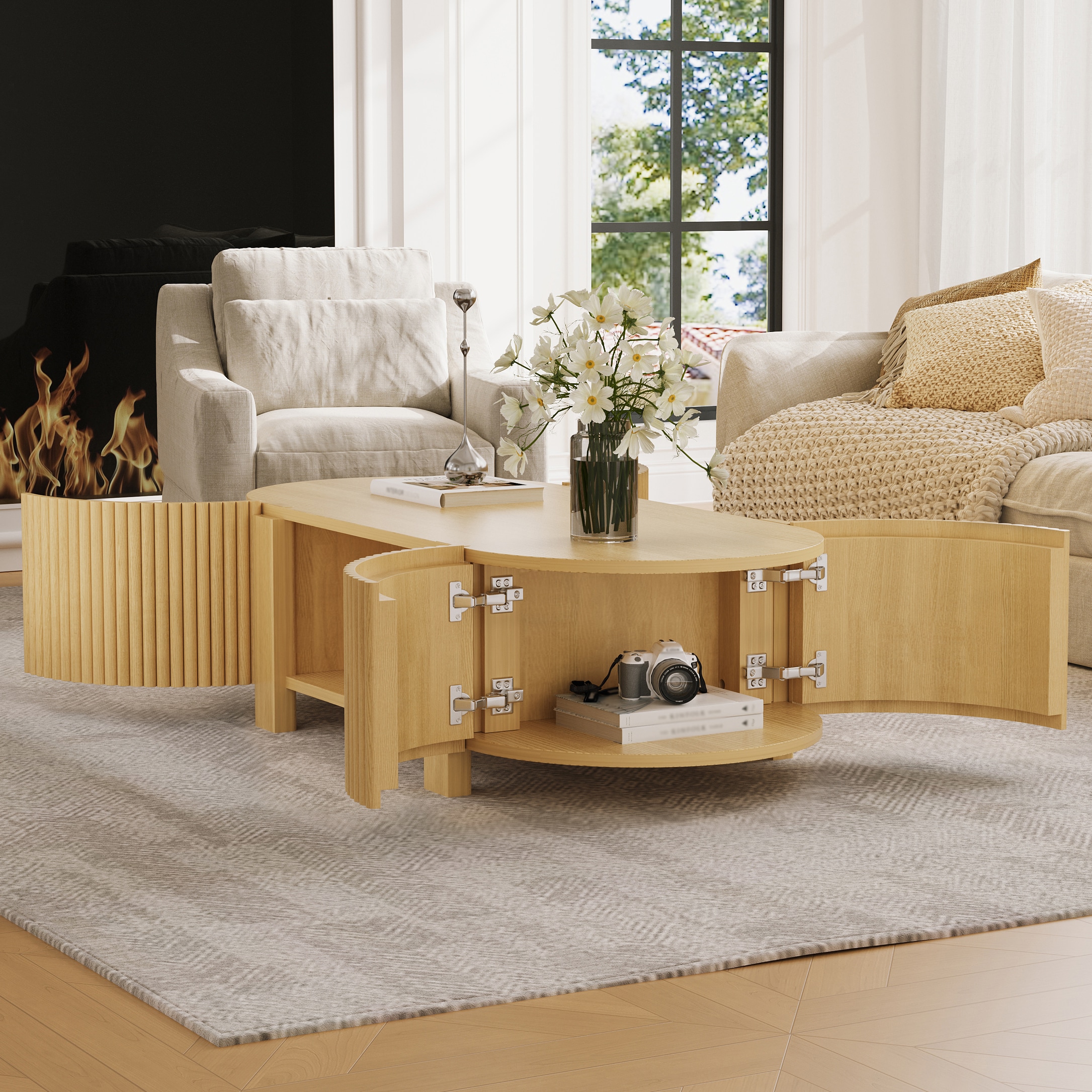 LUXEYARD Oval Fluted Coffee Table with Storage for Living Room Rubber ...
