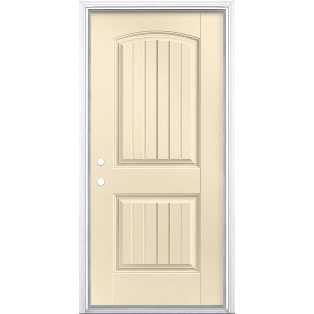 Masonite 1218272 36-in x 80-in x 4-9/16-in Fiberglass No glass Right-hand inswing Bisque Painted Prehung Front Door with Brickmould Insulating core