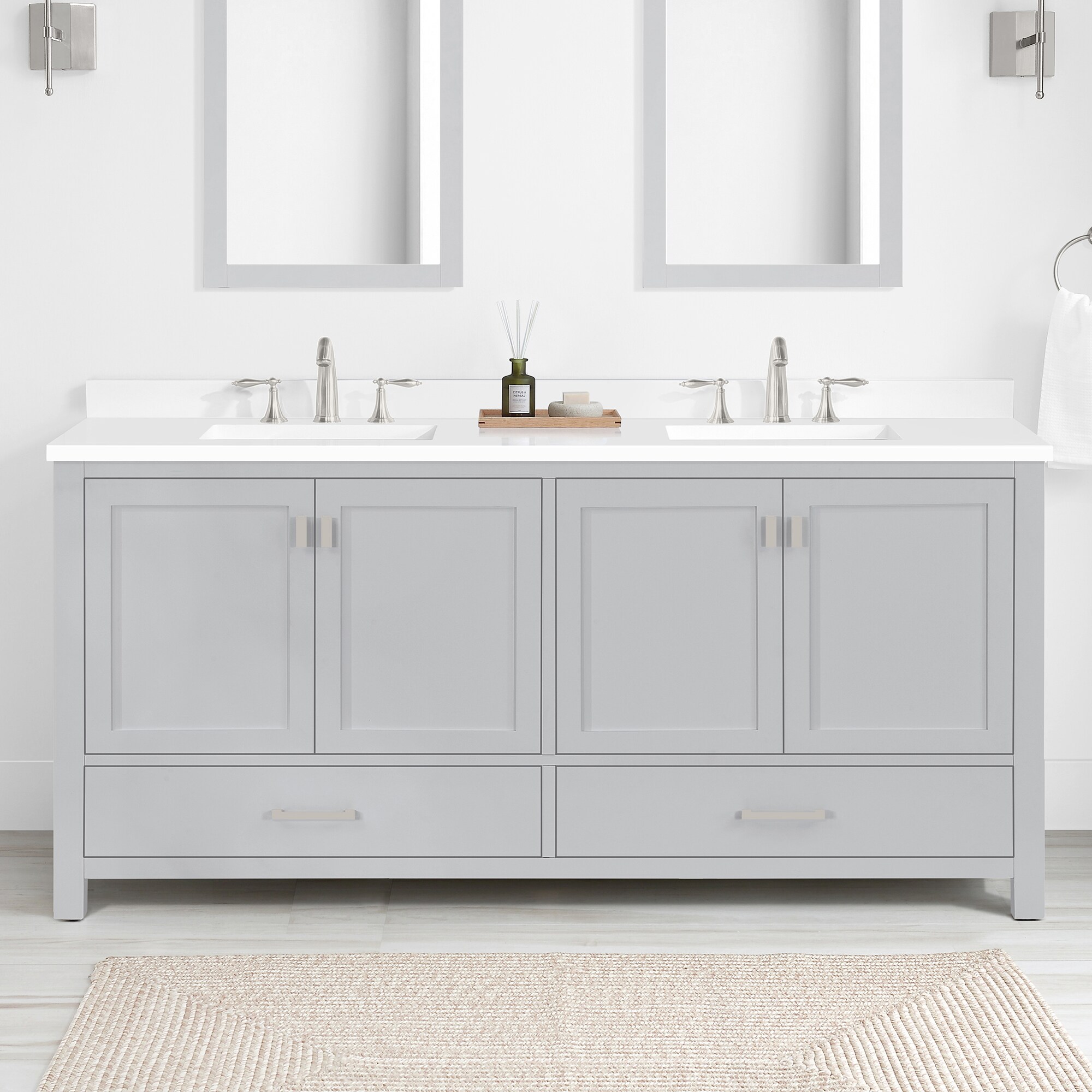 allen + roth Ronald 72-in Almond Toffee Undermount Double Sink Bathroom  Vanity with White Engineered Stone Top in Brown