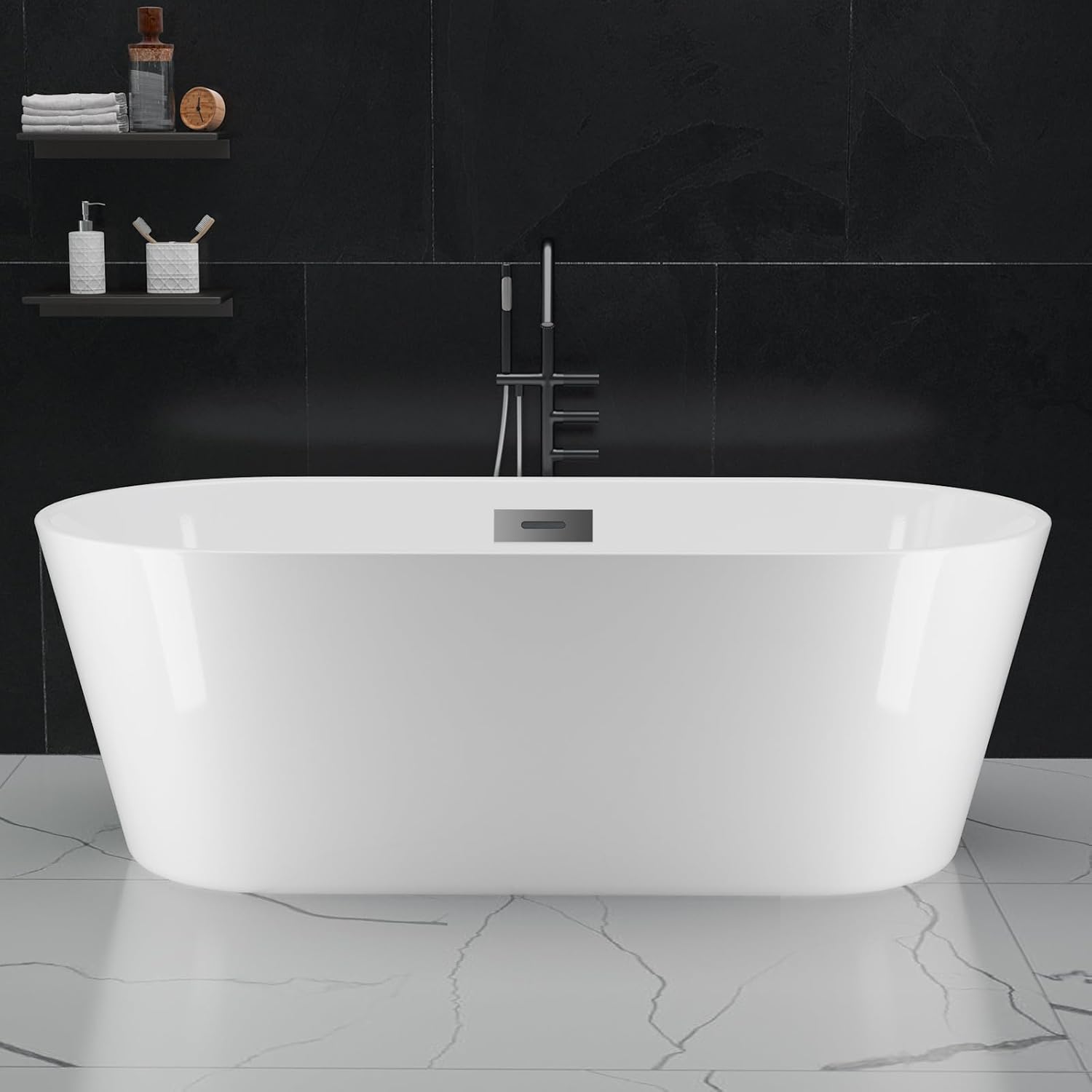 IdealHouse 59 inches Freestanding Bathtub White Acrylic Streamline Stand Alone Soaking Bath Tubs for Adult with Overflow and Drain in Chrome cUPC Certified Perfect for Your Bathroom