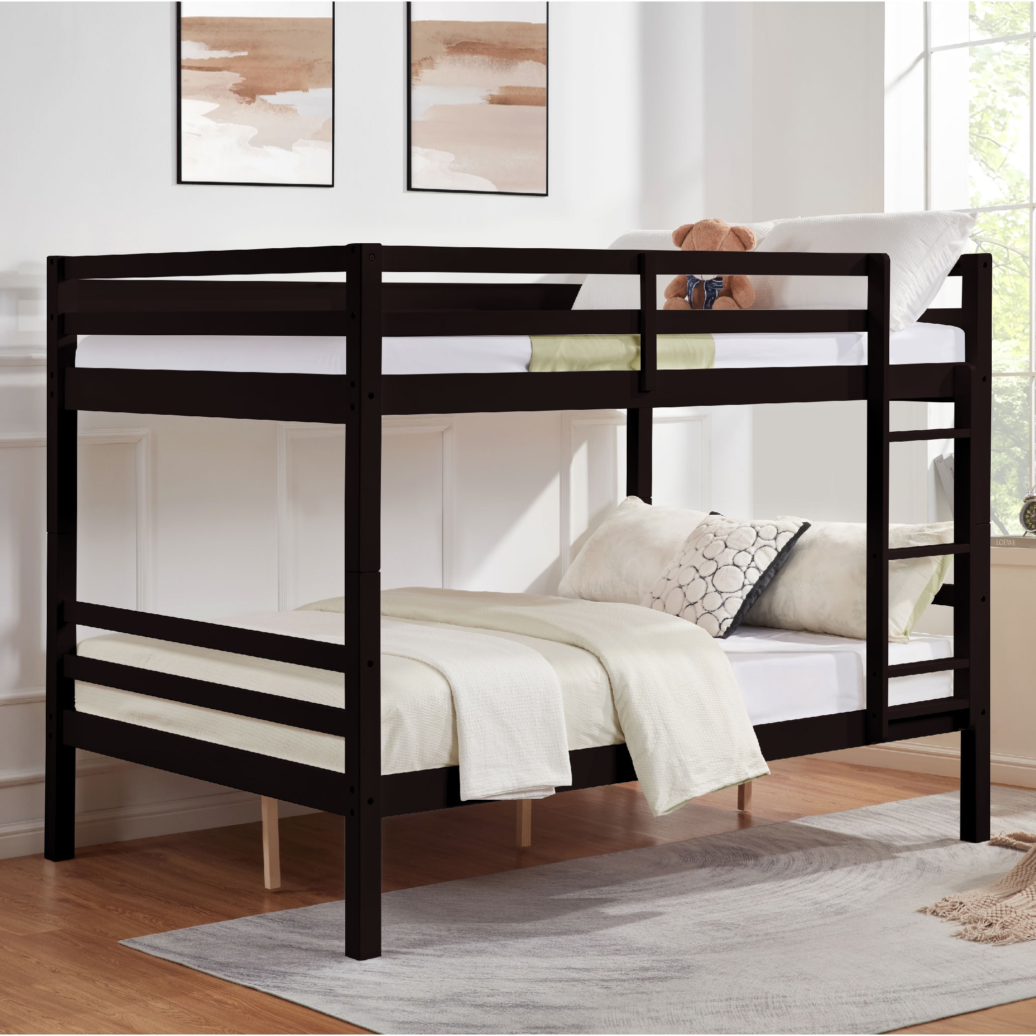 Tatayosi JJ-09020128 Full over Full Bunk Bed with Thick Posts;Wooden Bunk Bed with High Guardrail and Ladder for Kids; Teens; Dorm Rooms; and Guest Rooms;No Box Spring Needed; Espresso