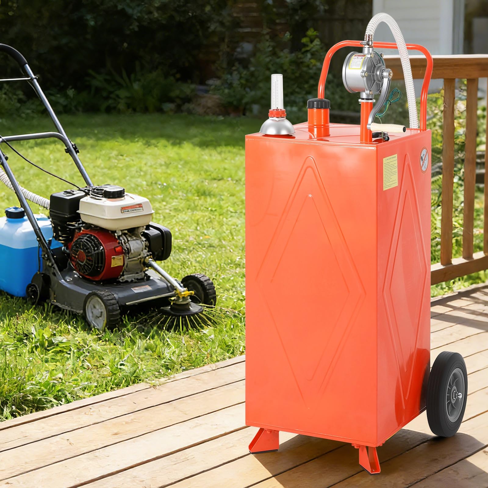 IdealHouse Orange Portable Fuel Caddy 30 Gallon with Manual Rotary Pump Flexible Hose Vented Cap Level Gauge Grounding Clamp Smooth Rolling Reinforced 2 Wheel 2 Support for ATV Mower Tractor Car Boat