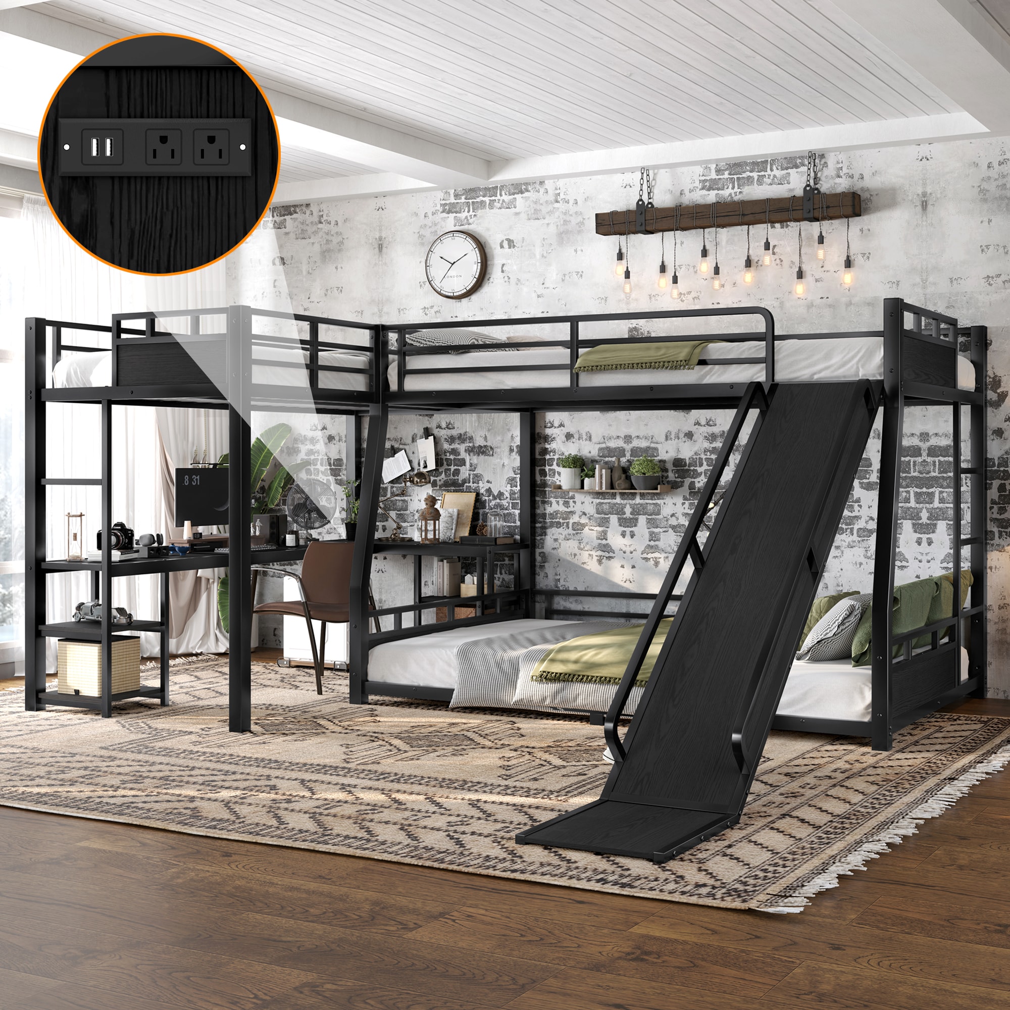 Bellemave L Shaped Metal Triple Bunk Bed with Twin XL Loft Desk Storage ...