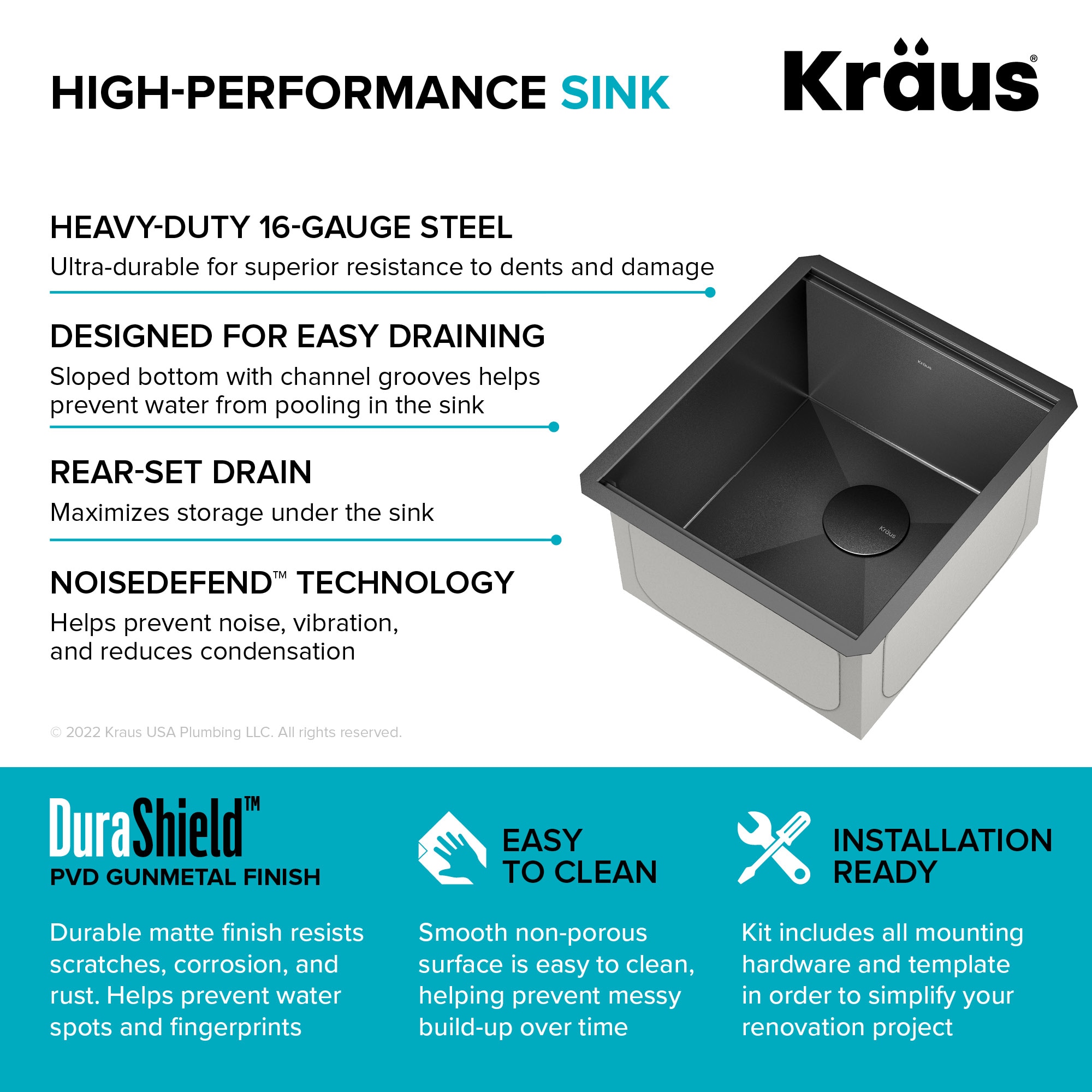 Kore 17" Black Stainless Steel Undermount Workstation Kitchen Sink