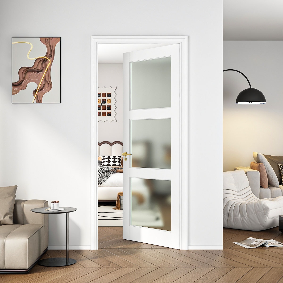 Lirago 32-in x 80-in White Pre-Primed Solid Core 3-Lite Tempered Frosted Glass French Unbored Interior Slab Door For Pantry Pocket Door Hardware Not Included