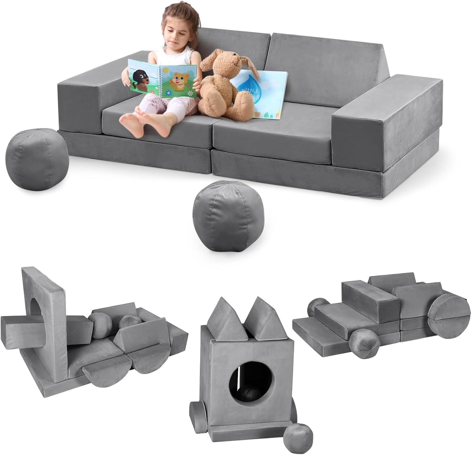 Qeetex Modular Kids Play Couch 12PCS Toddler Sectional Sofa Creative Playroom Bedroom Furniture Dark Grey