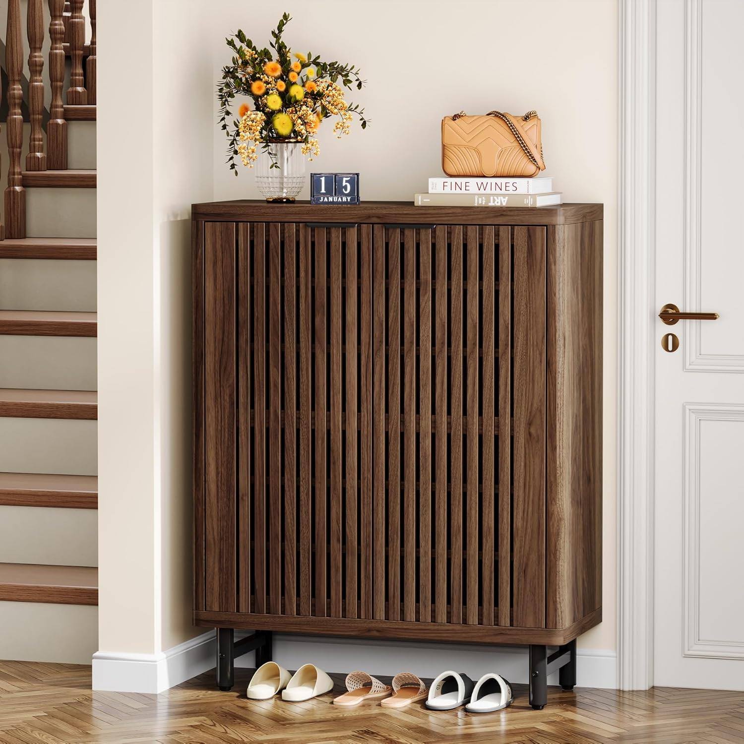 Tribesigns  6 Tiers Farmhouse Shoe Cabinet with Shutter Doors Wooden Shoe Organizer Rack with Adjustable Shelves Modern Large Hidden Storage Furniture for Entryway Hallway Dark Black and Brown