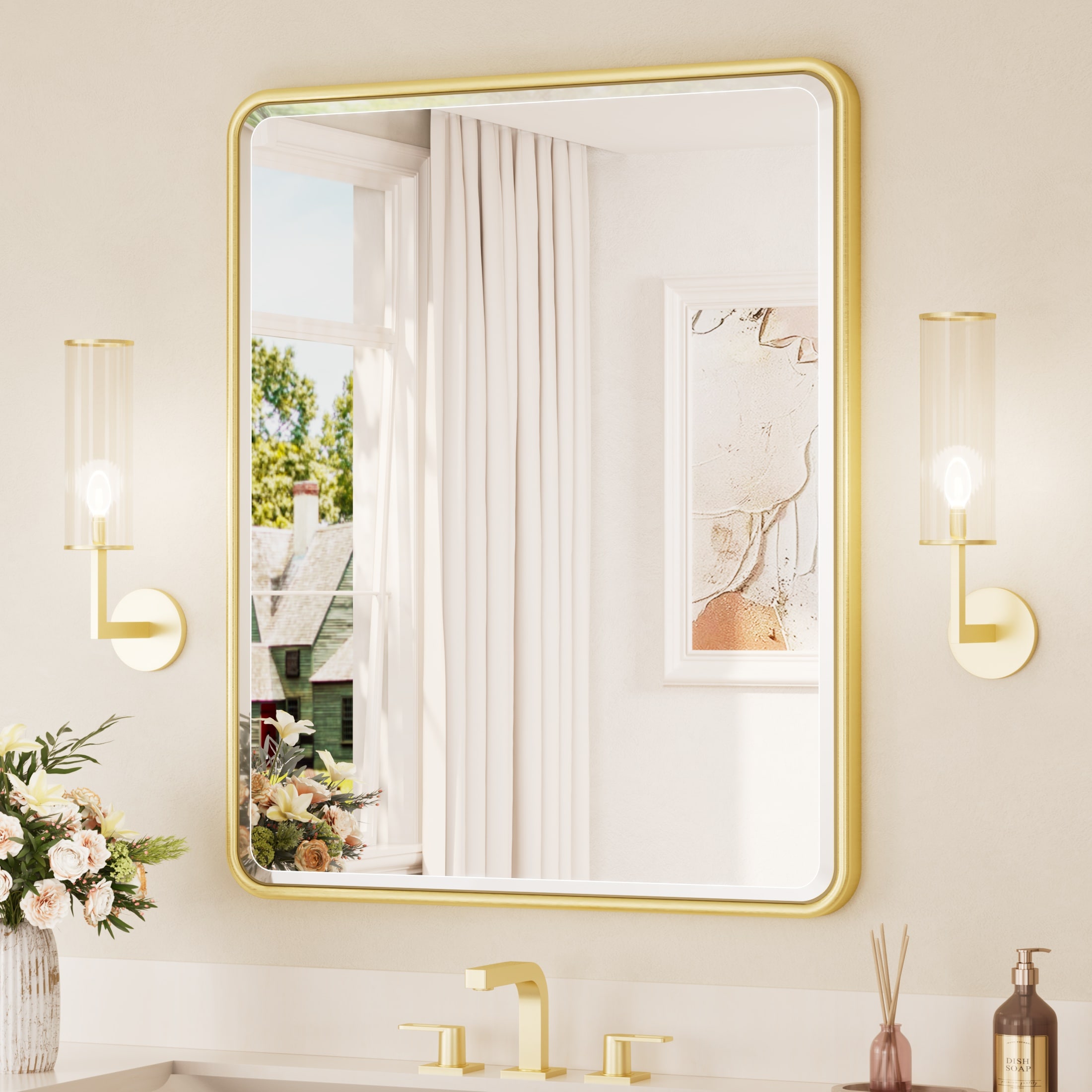 Keonjinn 30-in W x 36-in H Rectangle Brushed Gold Beveled Wall Mirror